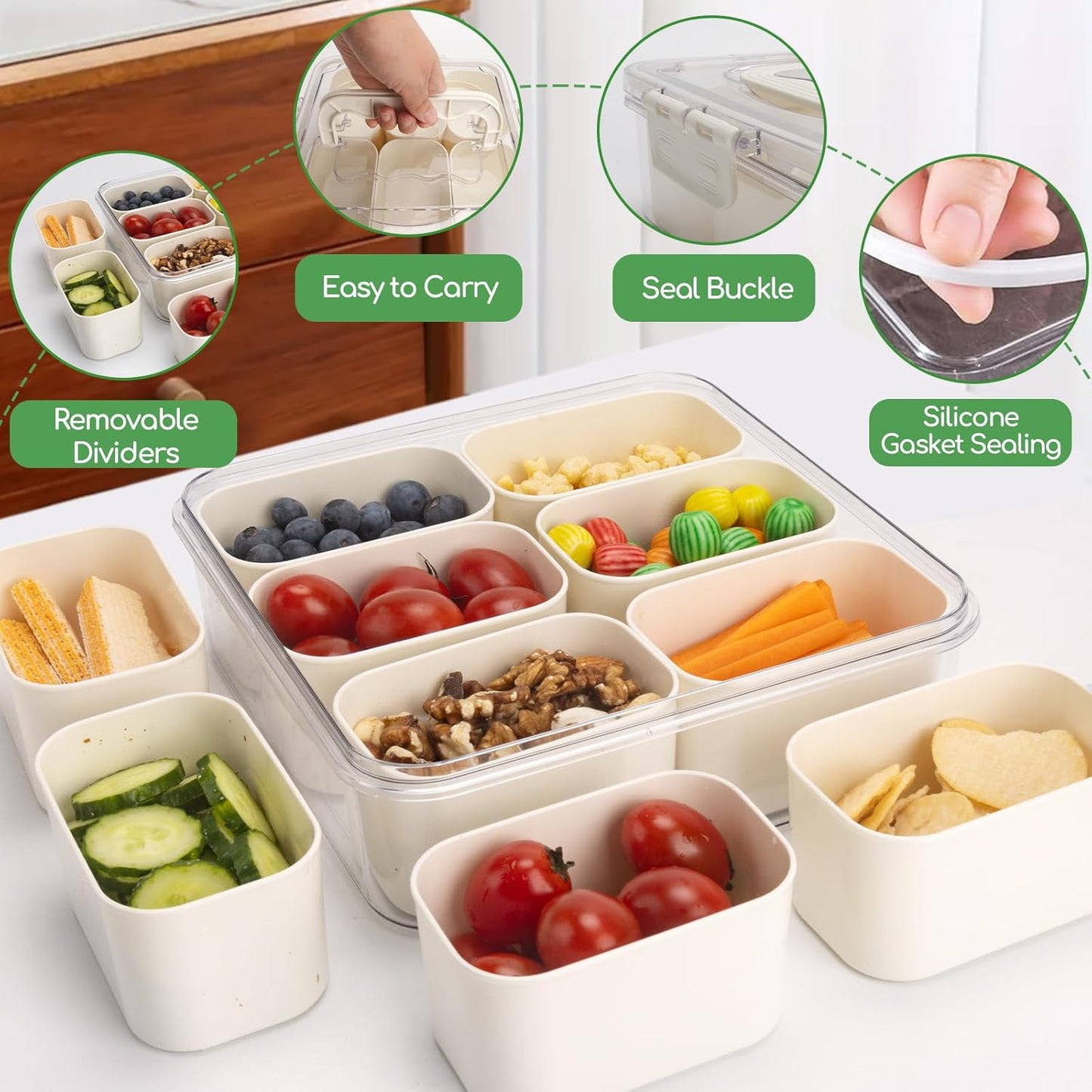 Divided Serving Tray with Lid and Handle, Portable Snack Box Container, 6 Compartments Veggie Fruit Snackle Tray, Charcuterie Platter Container for Party, Nuts, Snacks, Picnic,2 Pack, SMALL SIZE