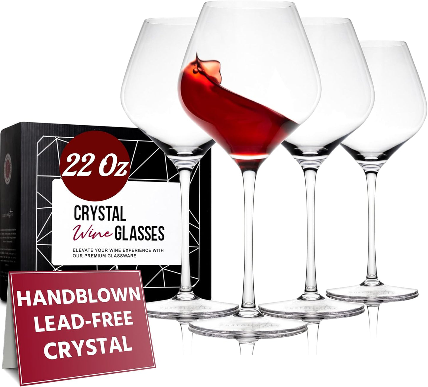 Gusto Nostro Crystal Wine Glasses Set of 4, 22 Oz Long Stem Modern Wine Glasses for White and Red Wine, Dishwasher Safe, Fancy, Elegant, Large and Tall Wine Glass for Wedding Christmas Anniversary