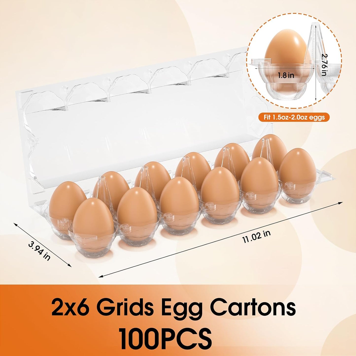 100 Pack Plastic Egg Cartons Cheap Bulk, 12 Count Clear Egg Containers for Fresh Chicken Eggs, 2x6 Grids Refrigerator Egg Trays for Refrigerator Storage, Chicken Farm, Market Display & Commercial Use
