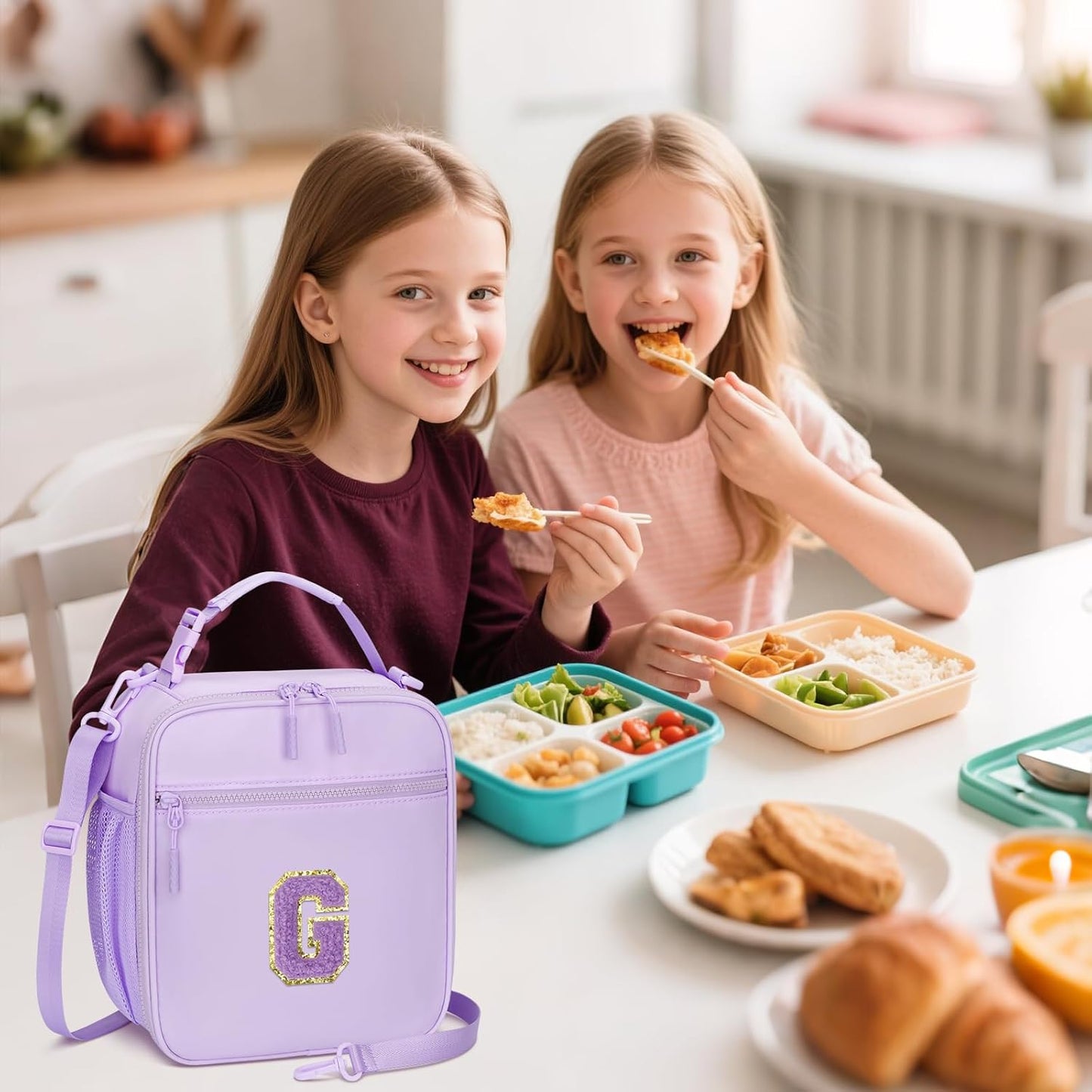 Initial Insulated Lunch Bag for Girls Kids, Back to School Gift, Reusable Leak-proof Lunch Box with Adjustable Strap for School Daycare Travel Picnic (Purple,G)