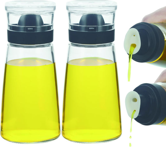 Small Glass Olive Oil and Vinegar Dispenser Bottles Set for Kitchen Cooking with Silicone Dual Pouring Spout, Soy Sauce Dispenser with Dust-proof Lid - Set of 2 (Black, 8 oz)