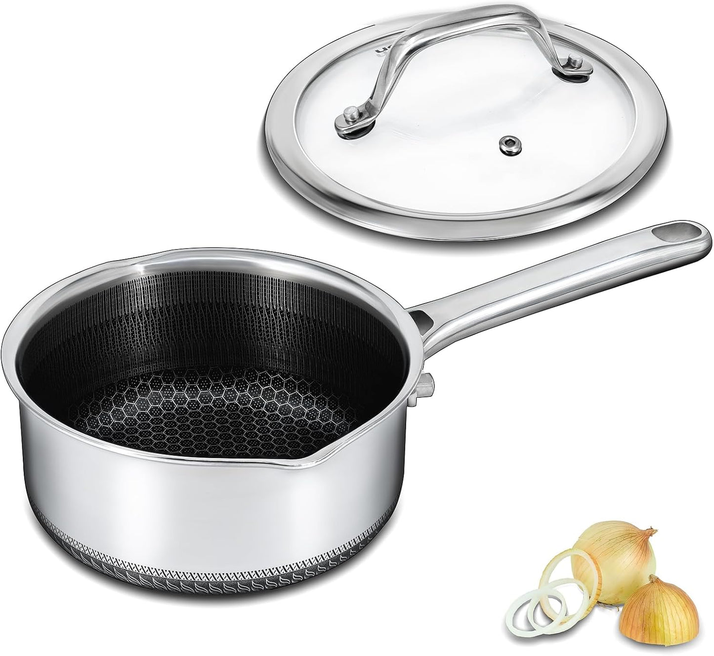 Hybrid Nonstick 2 QT Saucepan with Lid, Stainless Steel Honeycomb Pot with Two Pour Spouts,Compatible with All Cooktops,Dishwasher and Oven Safe
