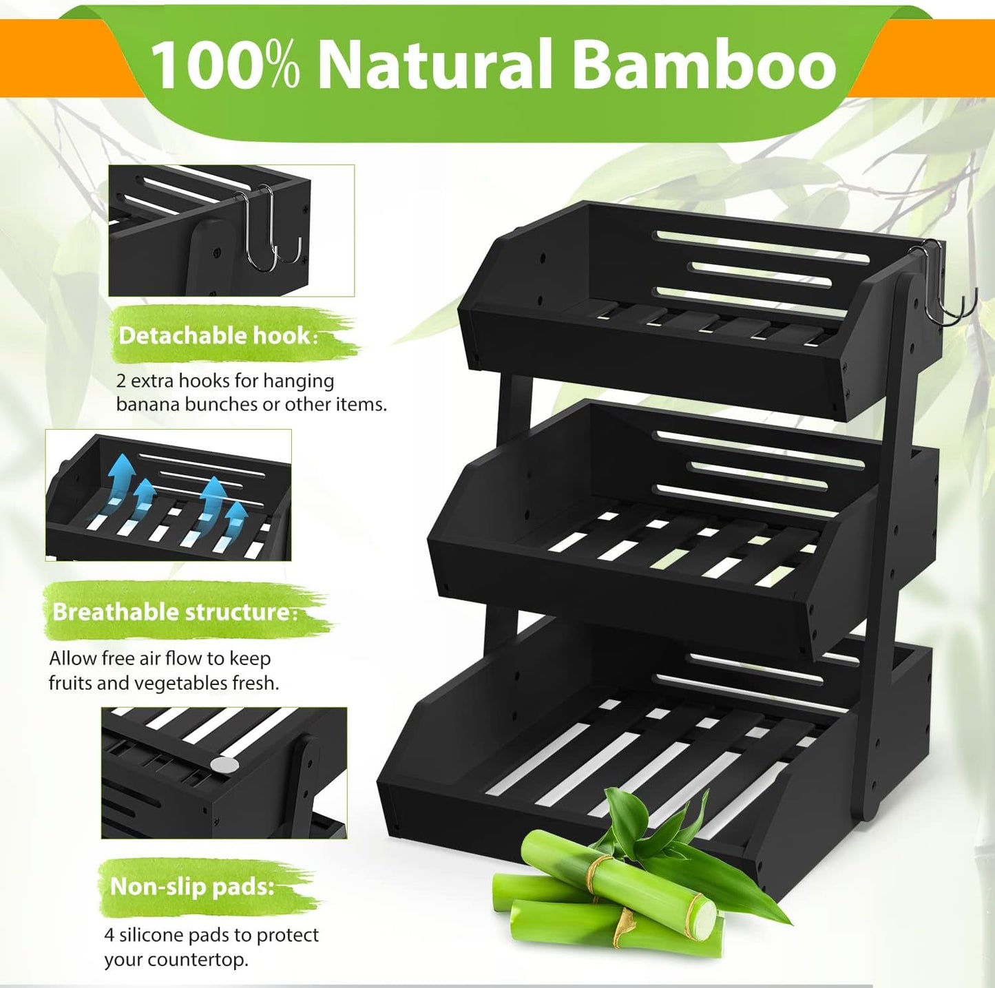 Bamboo Fruit Basket for Kitchen – 3 Tier Fruit Bowl For Kitchen Counter, Large Fruit Holder With 2 Banana Hangers, Idea For Fruit and Vegetable Storage, Bread Basket, Snack Organizer(BLACK)