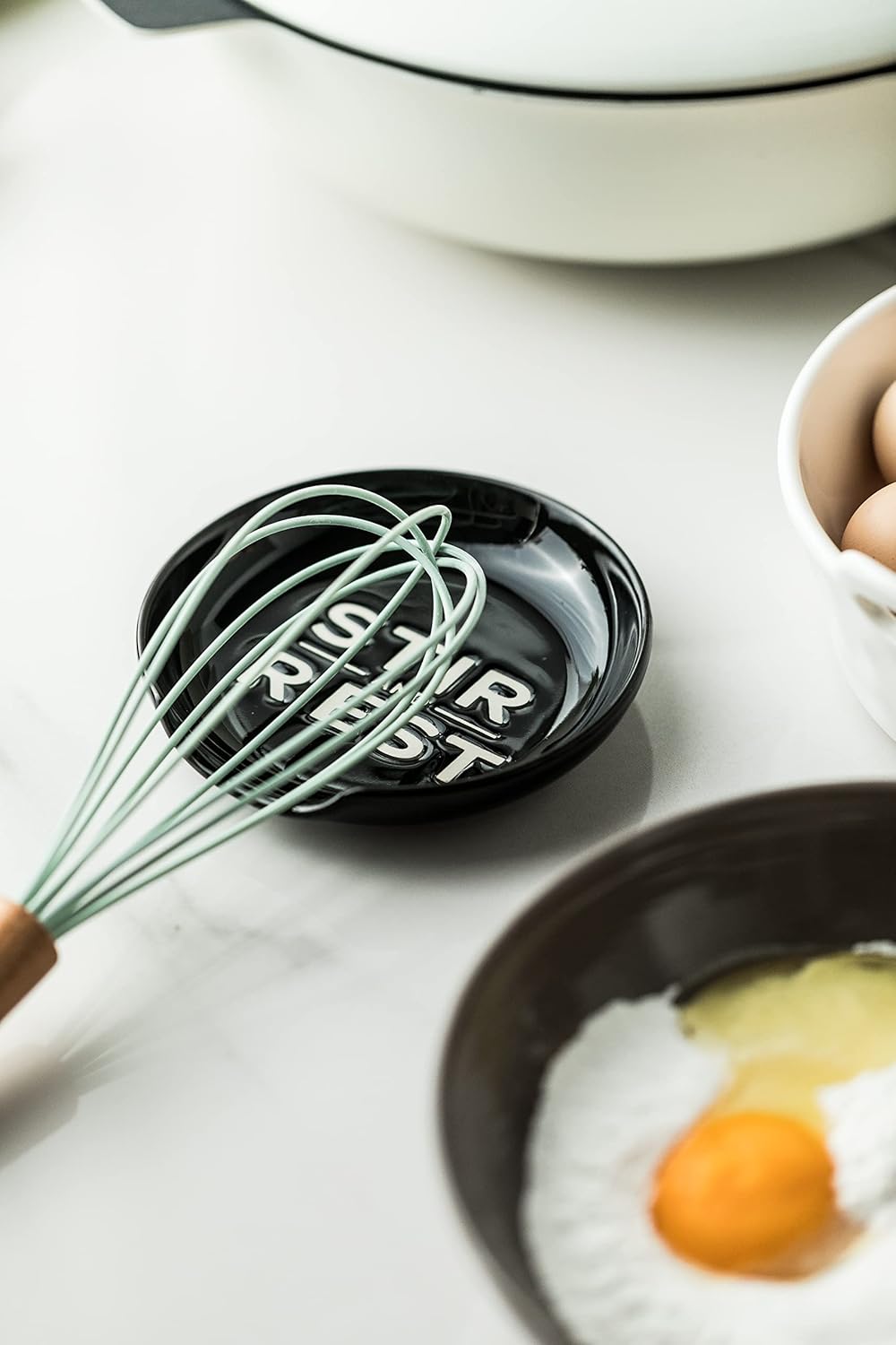 Spoon Rest for Stove Top, Kitchen Decor for Farmhouse, Cooking Ladle/Spatula/Spoon Holder, Utensil Rest for Countertop Deep Tray Prevent for Spill Black and White 5 inch Housewarming Gift