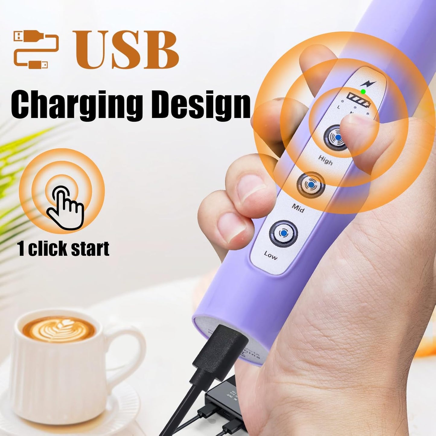 Nahida Light Purple Milk Frother Wand for Coffee, Frother Handheld Rechargeable Electric Whisk with 3 Heads 3 Speeds Drink Mixer Coffee Frother Foam Maker For Latte, Cappuccino, Hot Chocolate, Egg