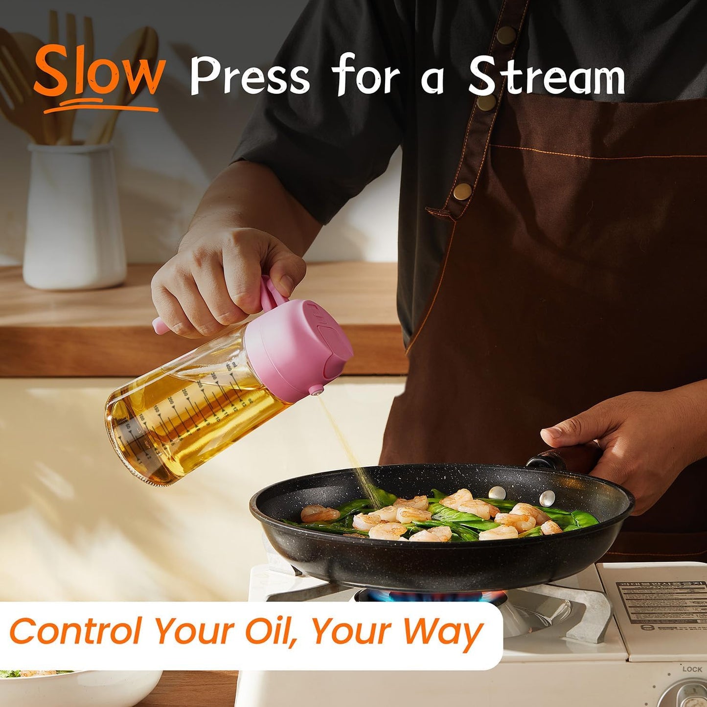 TrendPlain 16oz/470ml Glass Olive Oil Sprayer for Cooking - 2 in 1 Olive Oil Dispenser for Kitchen Gadgets, Air Fryer, Salad, and BBQ - Bubblegum