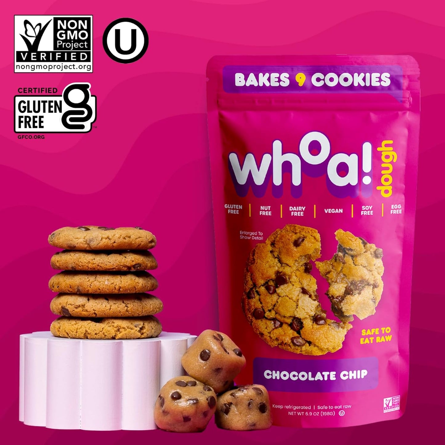 Whoa Dough Ready to Bake Cookie Dough Chocolate Chip – Certified Non-GMO, Kosher, Gluten Free – Plant-Based Snack Dough Made with Real Ingredients – 6 Pack