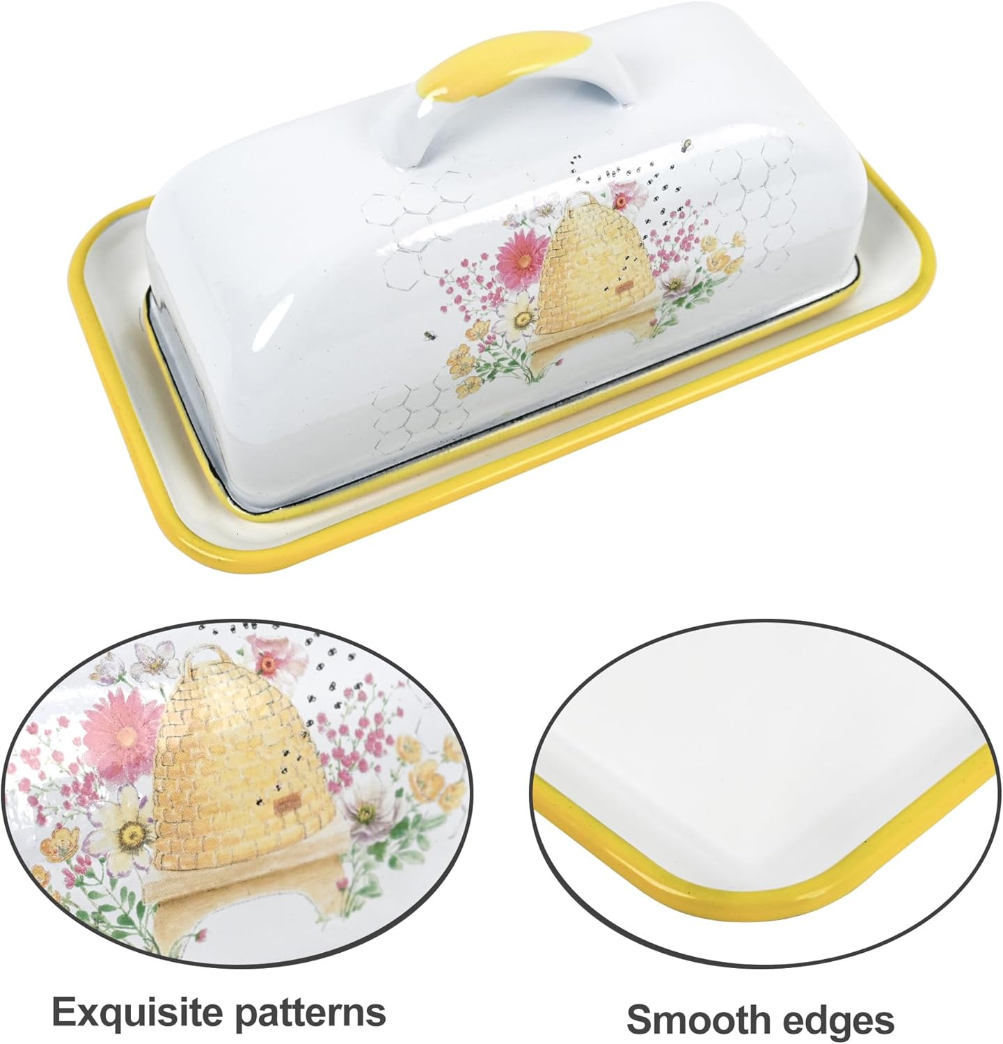 Enamel Butter Dish with Lid Vintage Enamelware Butter Keeper with Flower and Bird Patterns Farmhouse Butter Container Butter holder for Countertop Kitchen Decor(Orange)