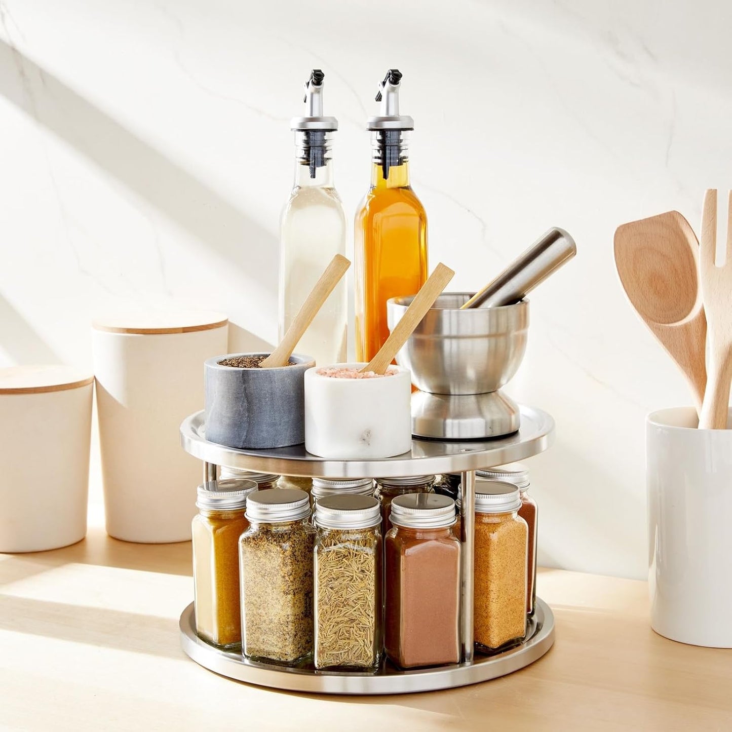 Juvale 2-Tier Lazy Susan Spice Rack Organizer for Cabinet - 10.5 in, Stainless Steel - Kitchen Countertop Organizer & Spice Carousel for Pantry Organization (Pack of 2)