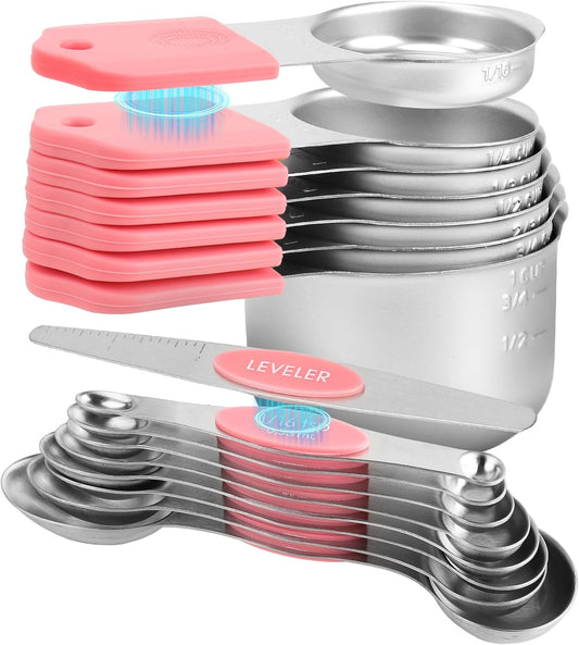 16-Piece Stainless Steel Measuring Cups and Spoons Set, Strong Magnetic Nesting Design 7 Cups 8 Spoons with Leveler, Double Measurement Markings for Dry & Liquid Ingredients, Pink