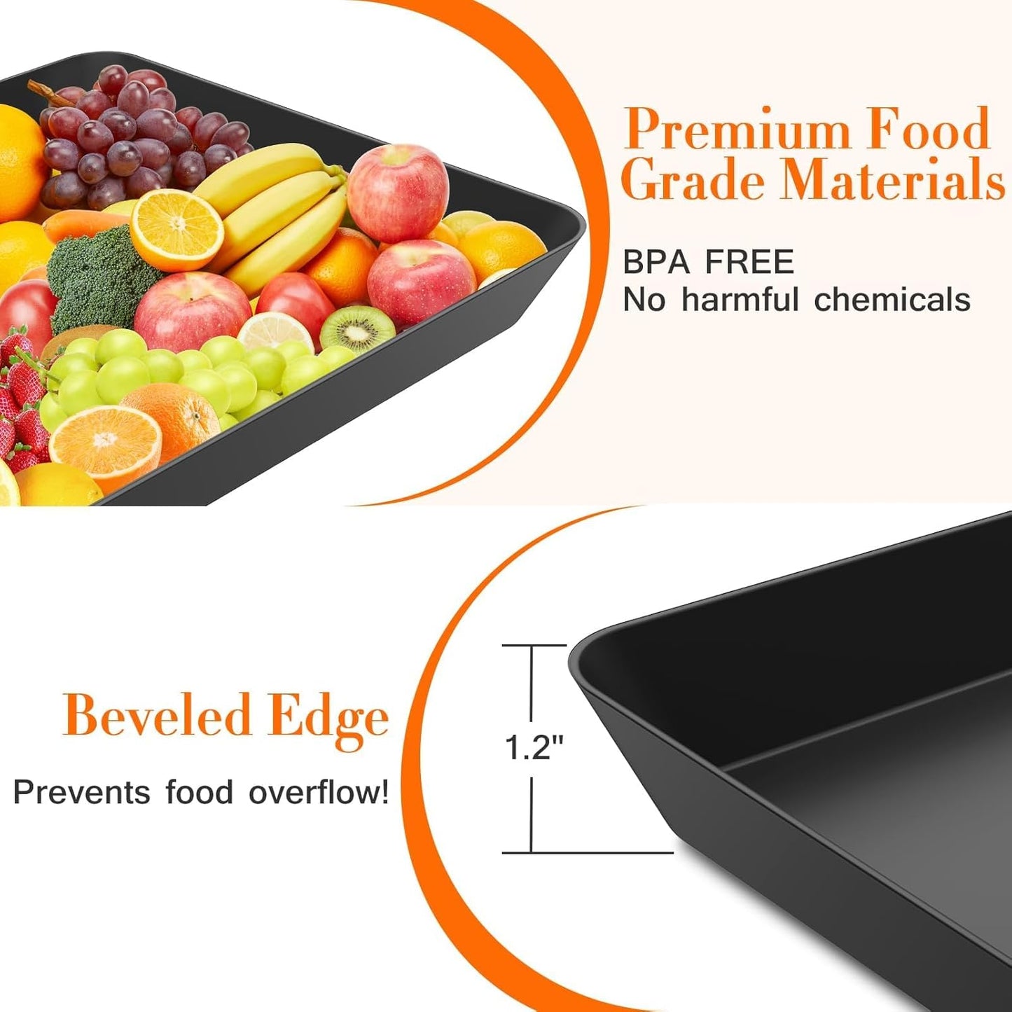 WOWBOX 6 pcs Serving Tray for Entertaining, Serving Platters for Snacks, Fruit, Cookies, Dessert, Reusable Plastic Trays for Serving Food and Pantry Organization in Kitchen & for Parties, (Black)