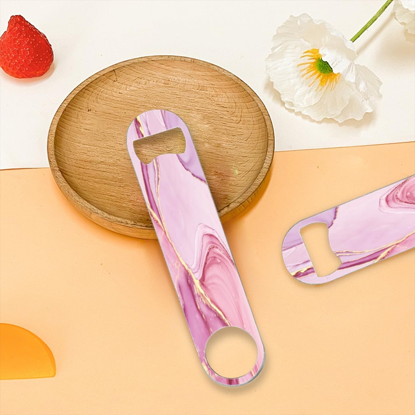 2 PACK Beer Bottle Opener, Stainless Steel Flat Bottle Openers,7 inch Metal Decor,Pink And Gold Marble