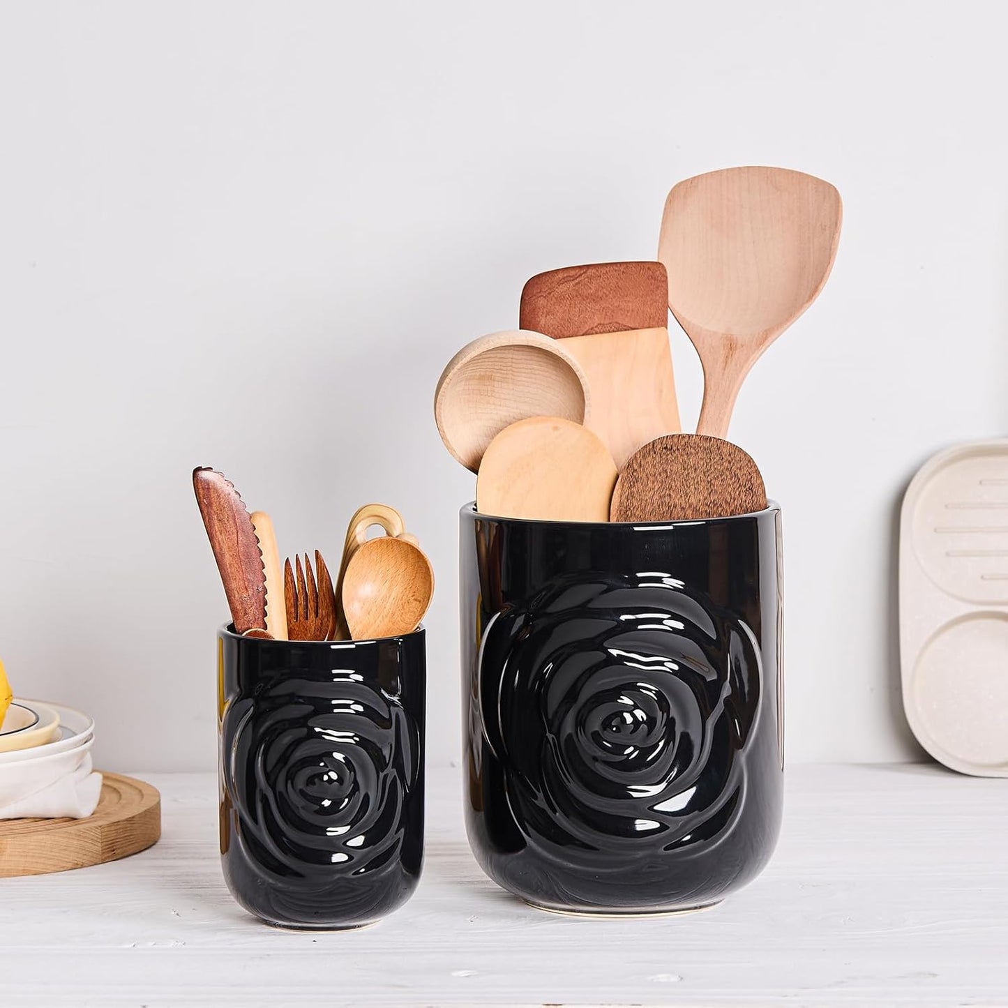 Black Ceramic Utensil Holder Set of 2 - Rose Carved Design, Kitchen Countertop Utensil Organizer for Spatula, Spoon & Cooking Tools, Large (7.5") & Small (5.5"), Farmhouse Kitchen Counter Decor
