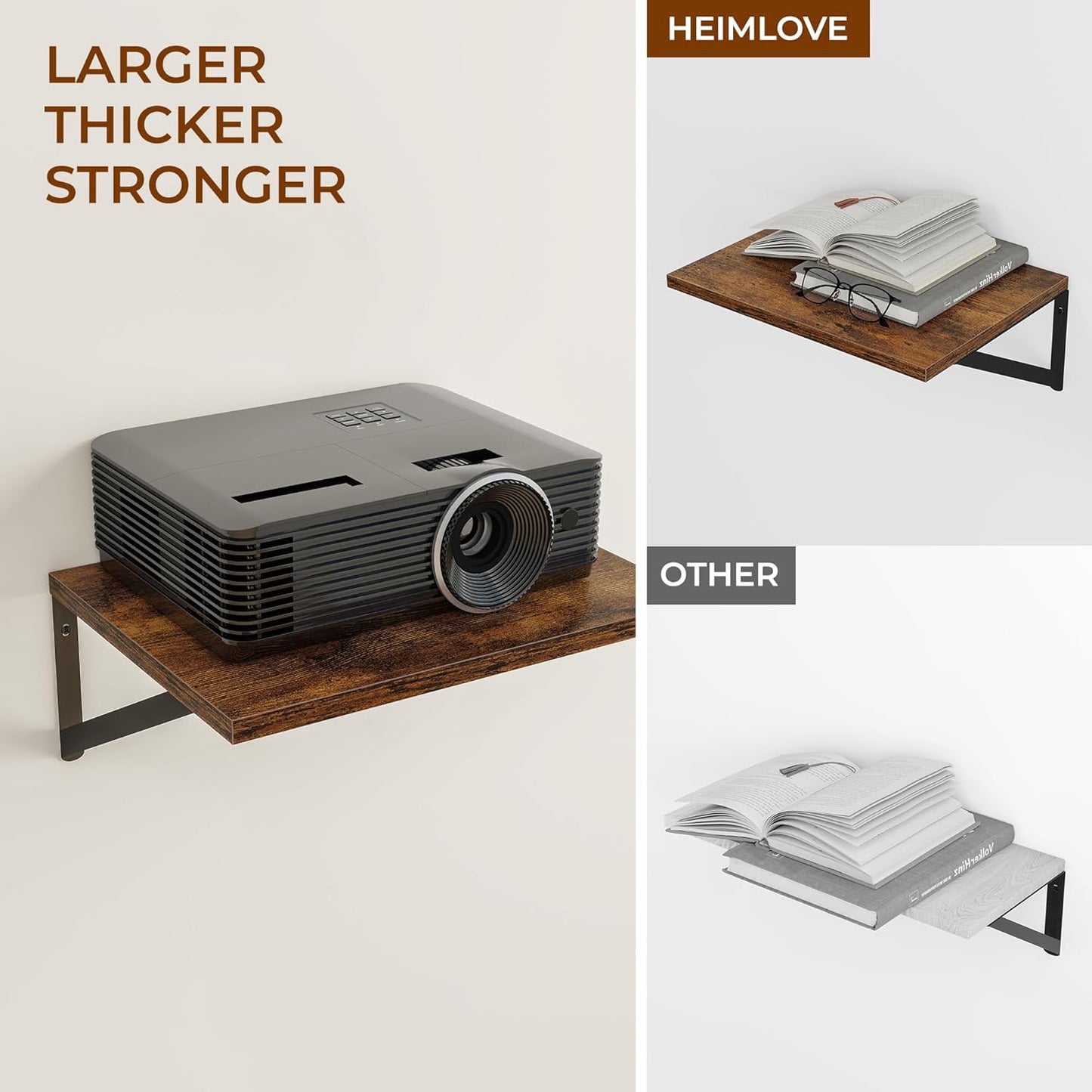 Heimlove 24" W x 12" D Wall Shelves for Books, 12 Inch Deep Floating Shelves Set of 3, Wide Floating Bookshelf with Metal Bracket for Living Room, Kitchen, Office, Bedroom and Decor - Rustic Brown