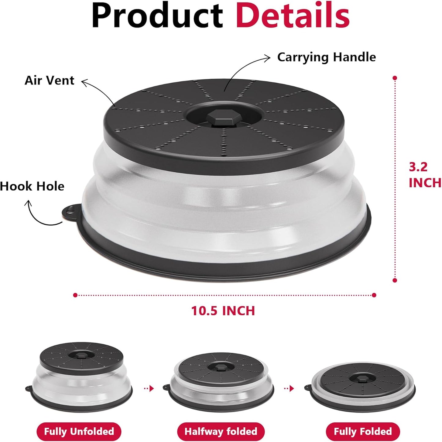 WVM Microwave Splatter Cover Vented for Food with Hook Hole, Splatter Guard & Colander Kitchen Gadget for Food, Meal Prep, Black