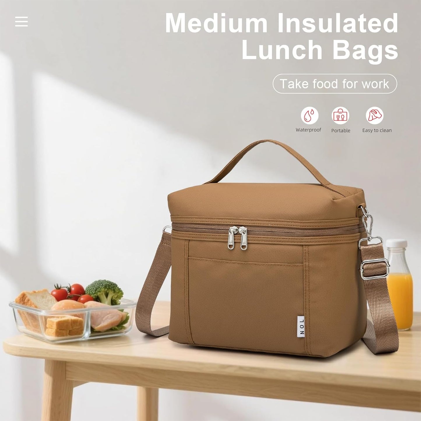 NOL Natural Organic Lifestyle Insulated Lunch Bags for Women Cooler Bag Lightweight Nylon Waterproof Lunch Box For Work (Medium(normal),Brown