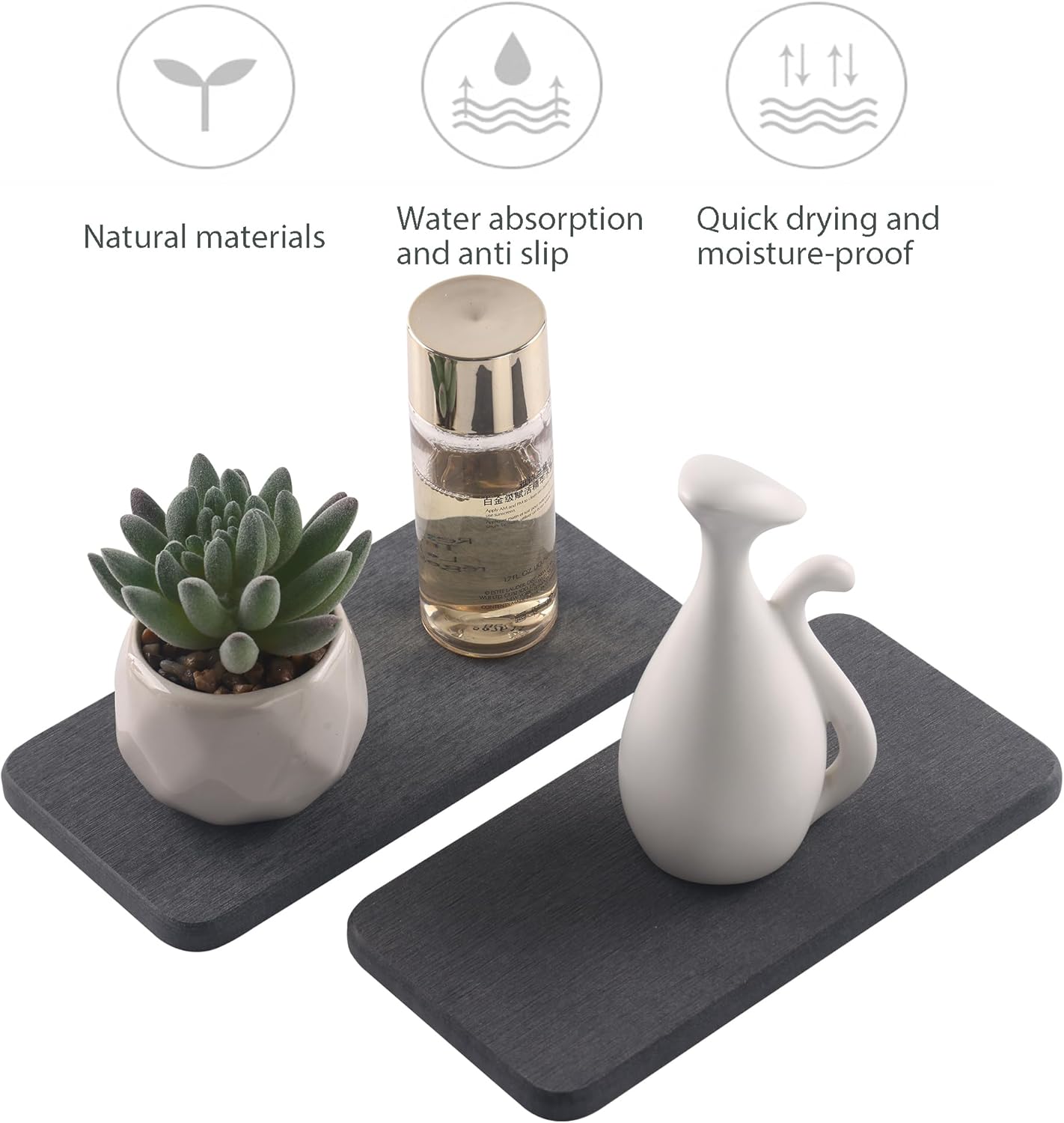 2 Pcs Water Absorbing Stone Trays, Kitchen/Bathroom Sink Soap Dish, Diatomite Tray Used for Hand Soap & Cosmetic Bottles in The Modern Home, 3.5" W x 7.1" L, Dark Gray