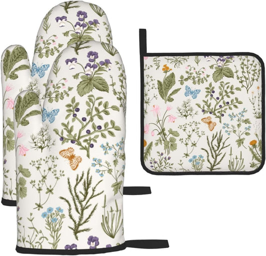 Vintage Floral Oven Mitts and Pot Holders Sets of 3 Cute Botanic Hot Pads Herbs and Wild Flowers Oven Gloves Heat Resistant Washable for Kitchen Cooking Grilling Baking