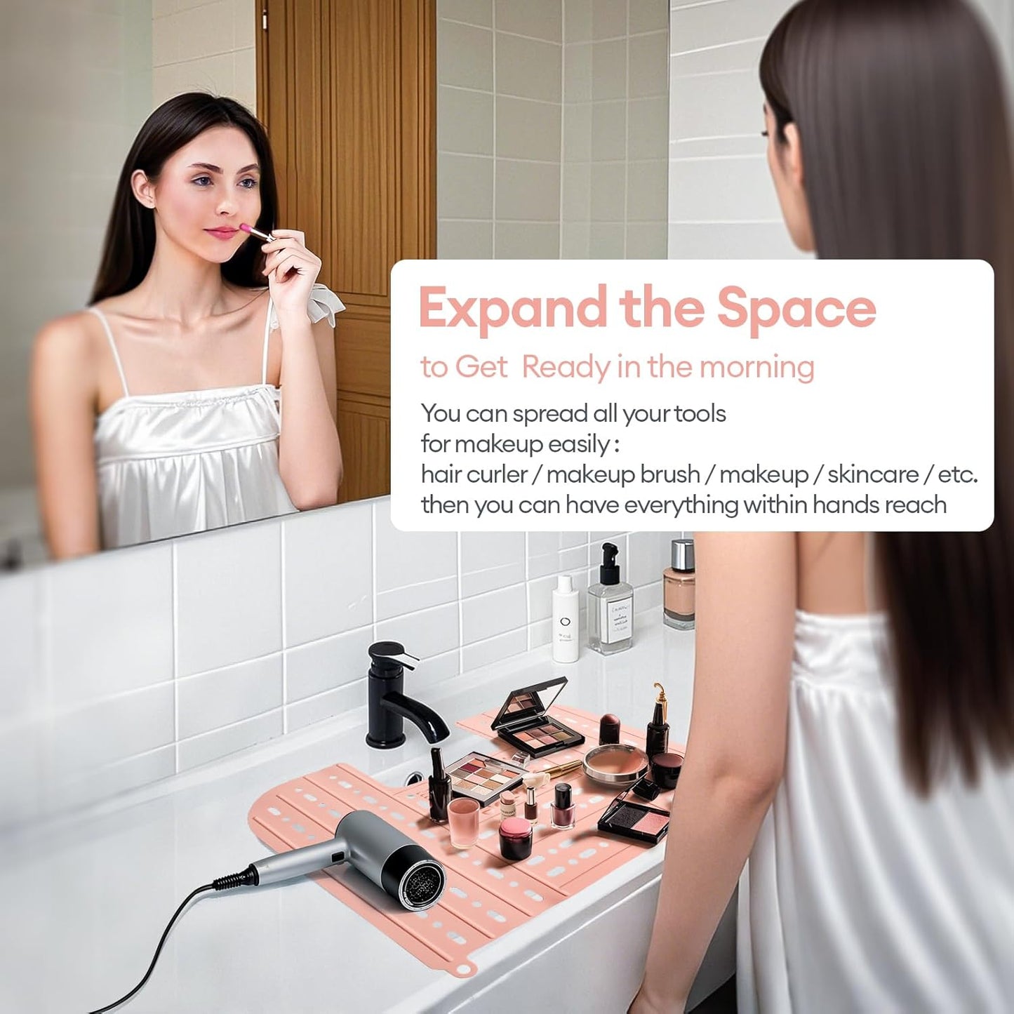 IeBilif Sink Cover for Counter Space, Foldable Bathroom Sink Covers with Hanging Loop, Makeup Organizer Mat Space Saver, Silicone Makeup Brush Cleaner Mat for Bathroom(Pink)