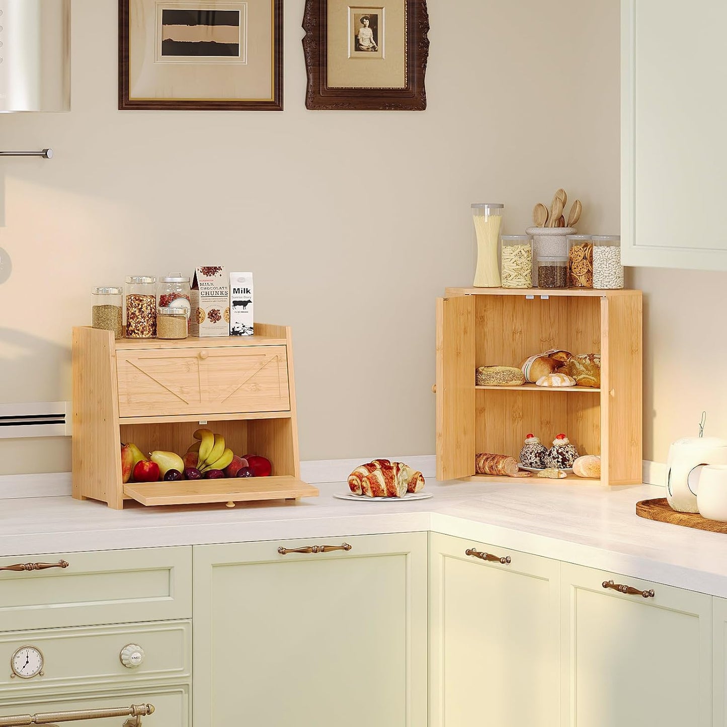 Corner Bread Box for Kitchen Counter Double Layer Bamboo Bread Storage Container Large Capacity Bread Storage Bin Farmhouse Breadbox Organizer (Bamboo Natural)