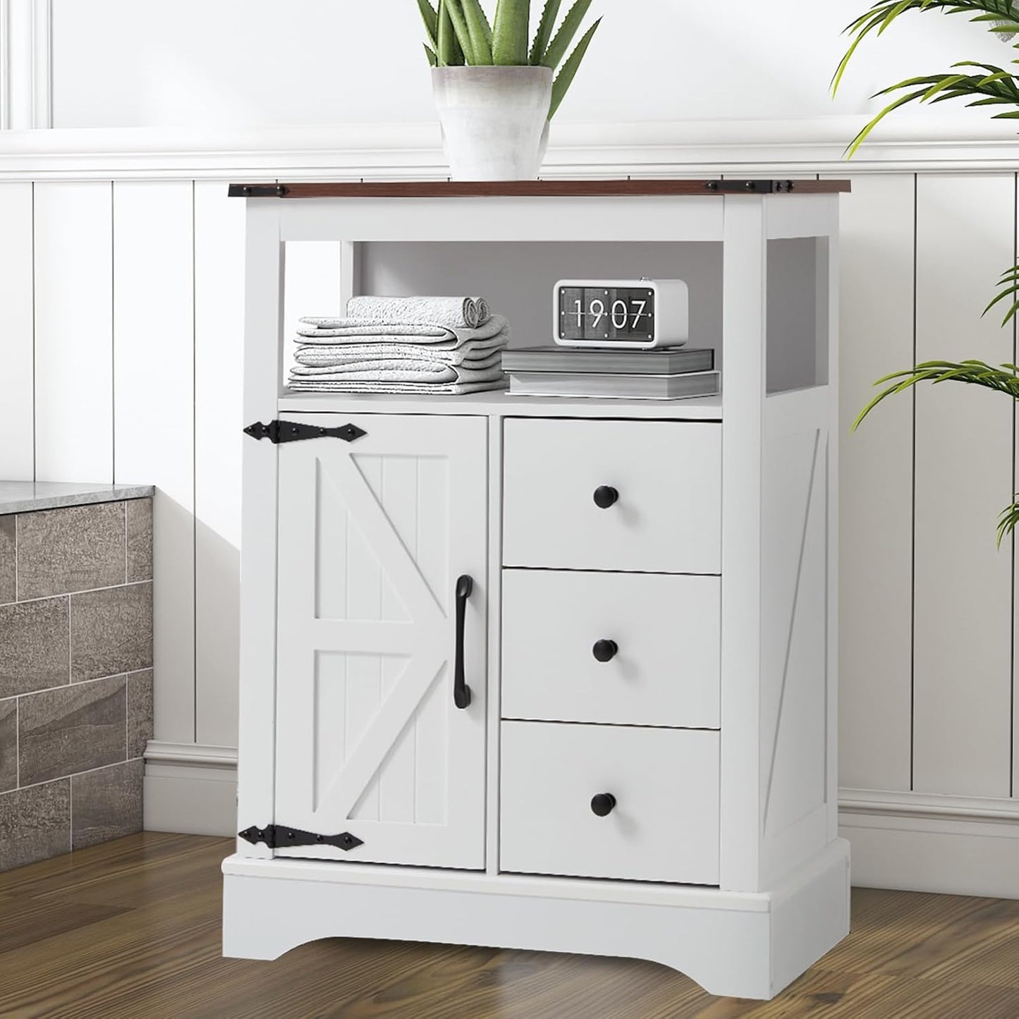 JOMEED Bathroom Floor Cabinet, Farmhouse Storage Cabinet with 3 Drawers & Adjustable Shelves, Free-Standing Cupboard for Kitchen, Living Room, Bathroom, White