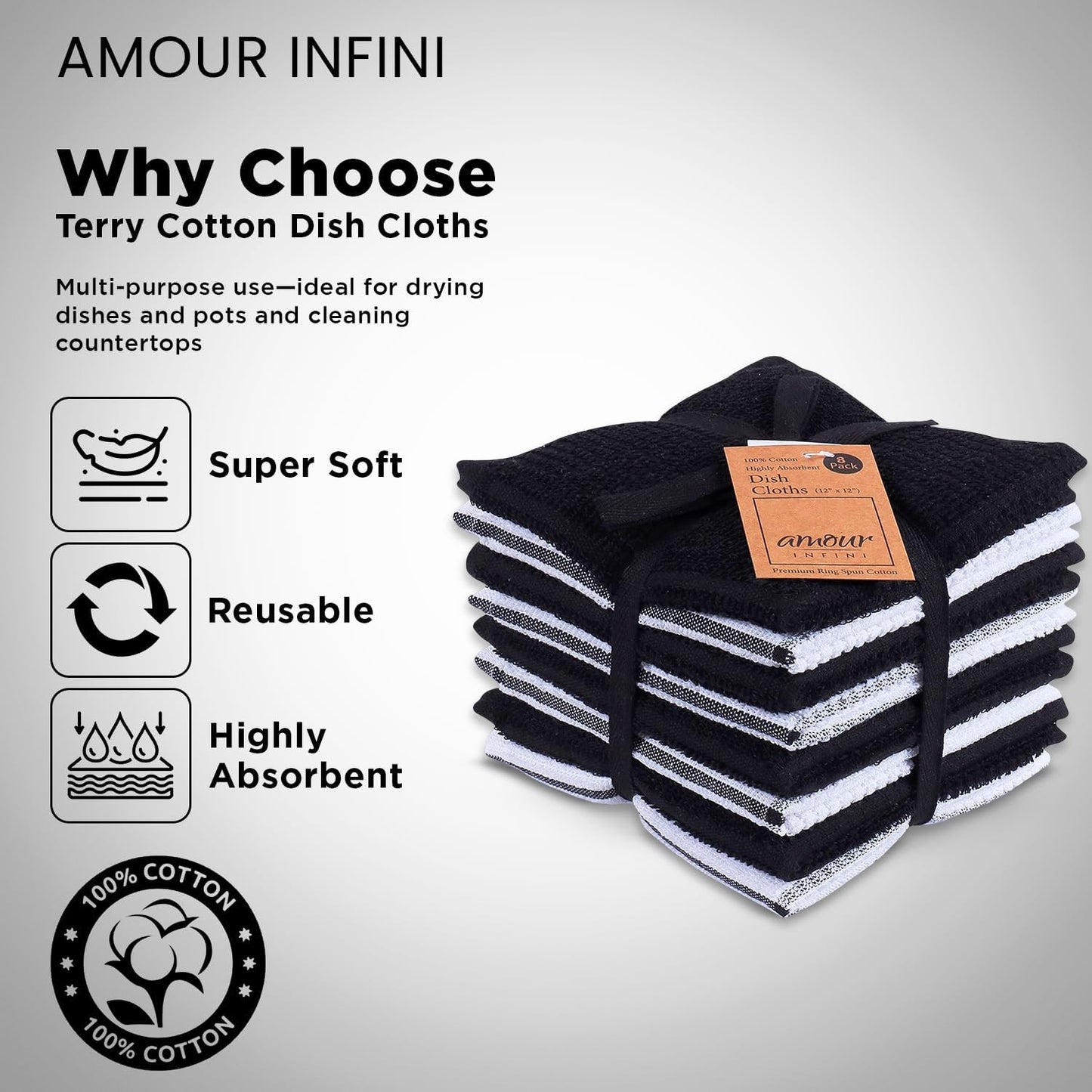 AMOUR INFINI Dish Cloths for Washing Dishes Set of 8 - Highly Absorbent, Super Soft Kitchen Dishcloths - Reusable Quick Dry Dish Rags for Cleaning & Drying Kitchen Linens (12x12 Inch - Black)