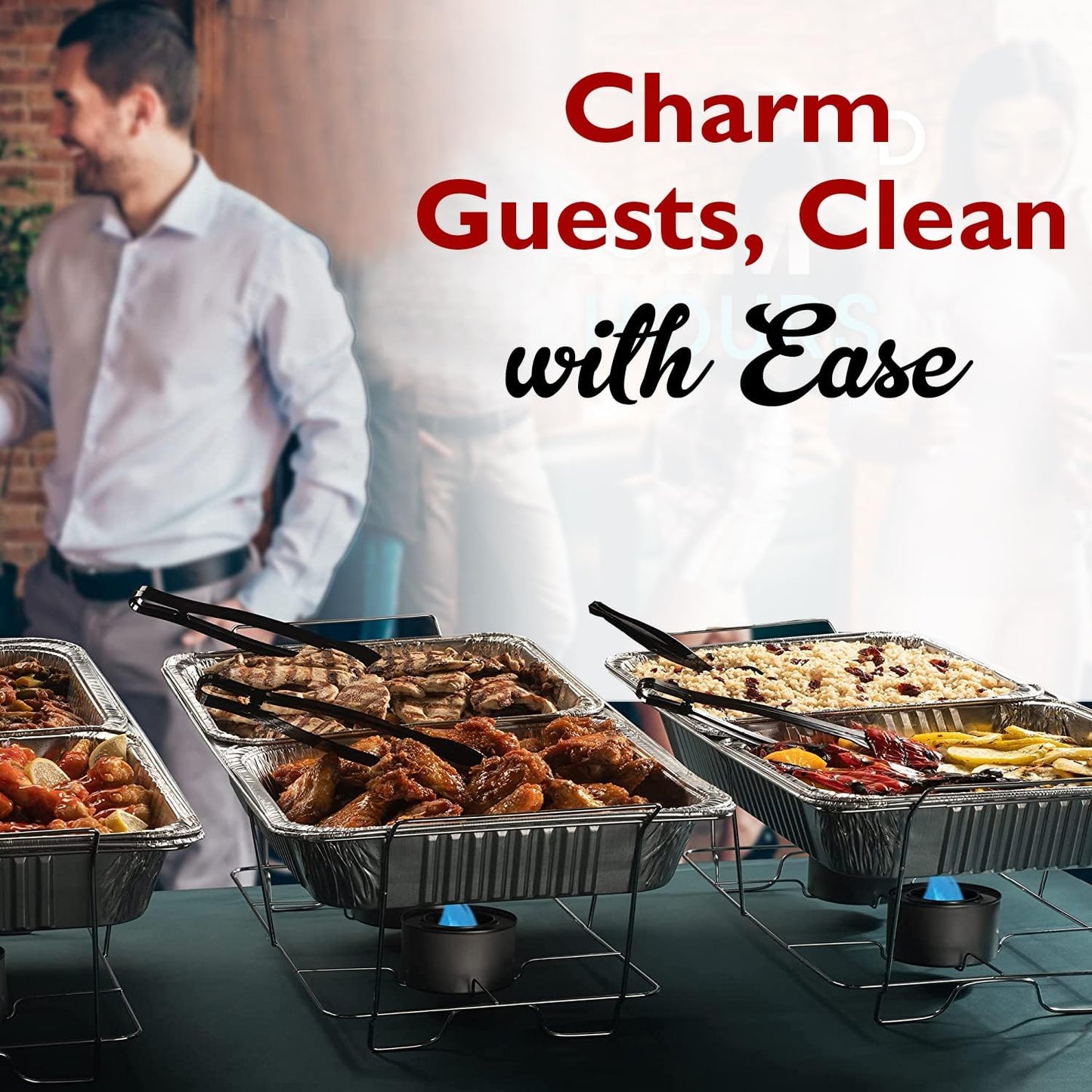 Disposable Chafing Dish Buffet Set Food Warming Trays Replacement - 3 Water Food Warmer Pans - 6 Foil Pans - 6 Lids - Buffet Set Trays Food Warmers for Parties & Events