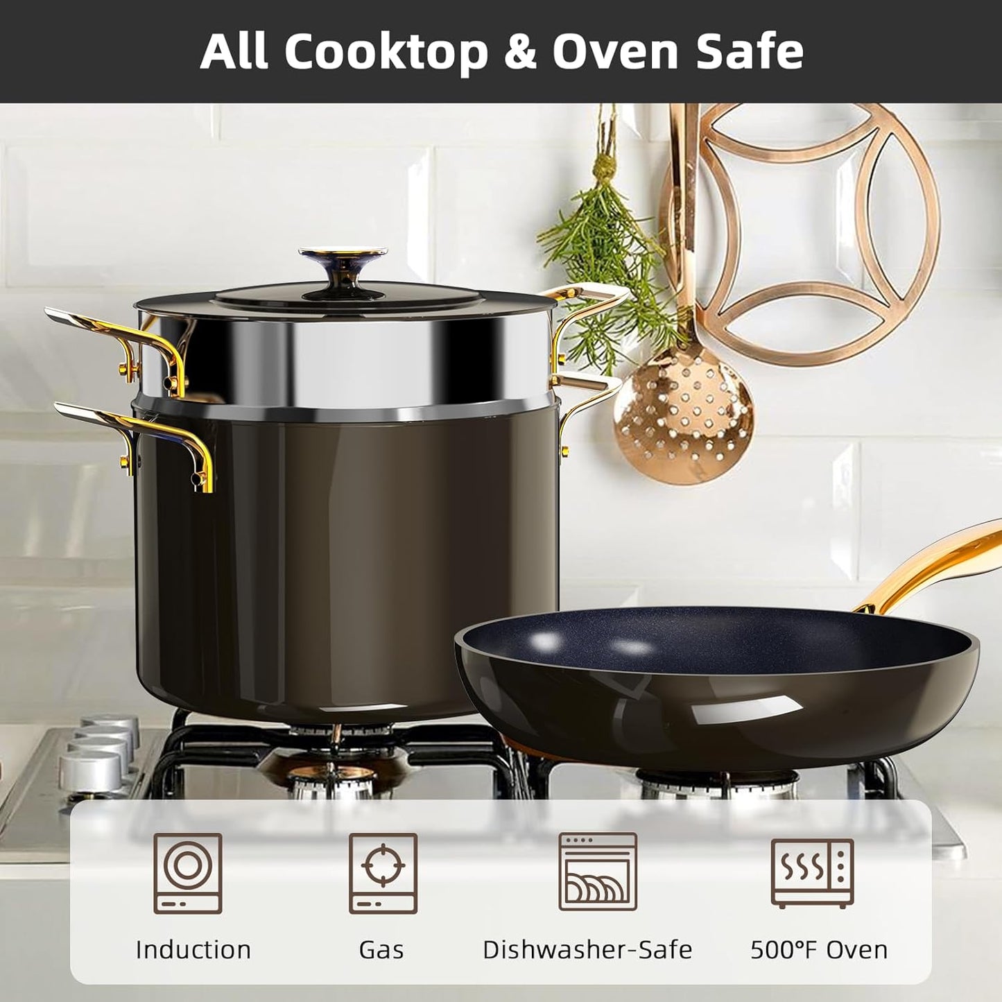 Nuwave Lux LE 13-Pc Cookware Set with Elegant Gold Handle, Diamond Infused Ceramic Non-Stick, PFAS Free, Premium Metal Lids, Ergonomic Stay-Cool Handles, Induction Ready & Compatible w/All Cooktops