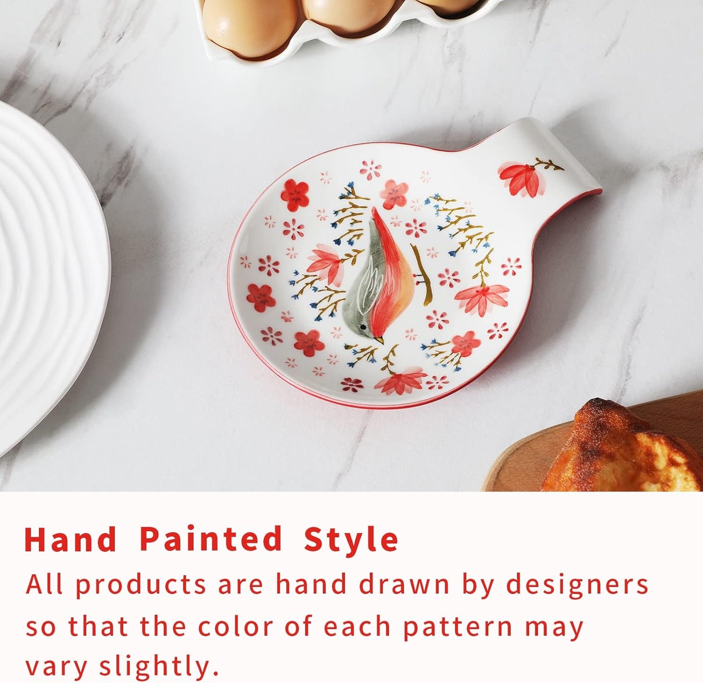 Hand Painted Spoon Rest, 5.5" Ceramic Spoon Holder for Stove Top and Kitchen Counter, Red Spring Bird Utensil Rest, Great Cooking Gifts for Bird Lover/Friend, Modern Kitchen Decorative