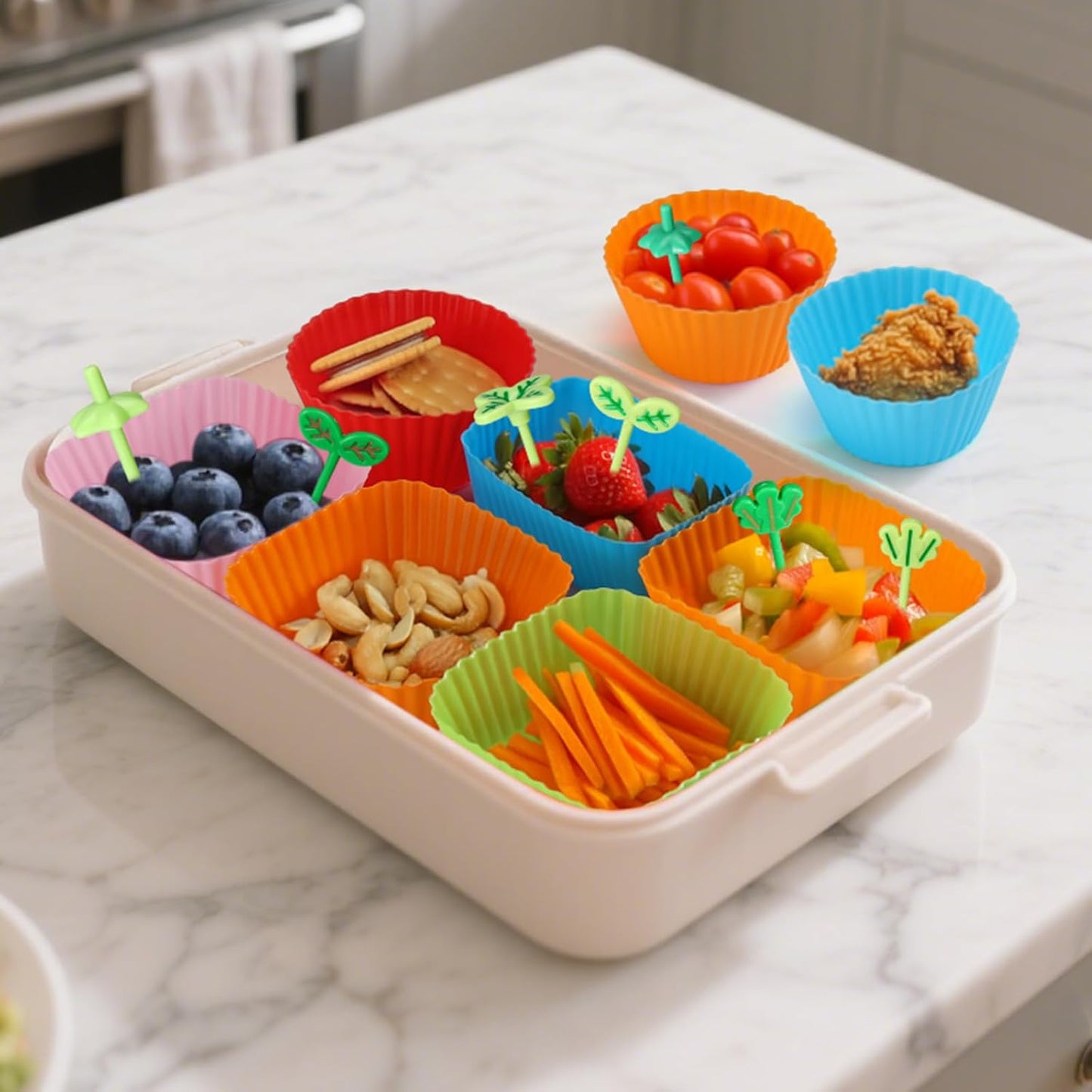 Palksky Bento Box Dividers, 50 Pack Silicone Lunch Box Dividers with 8 PCS Leaf Food Picks, 3 Shapes of Reusable Kids Lunch Accessories, Container To Go