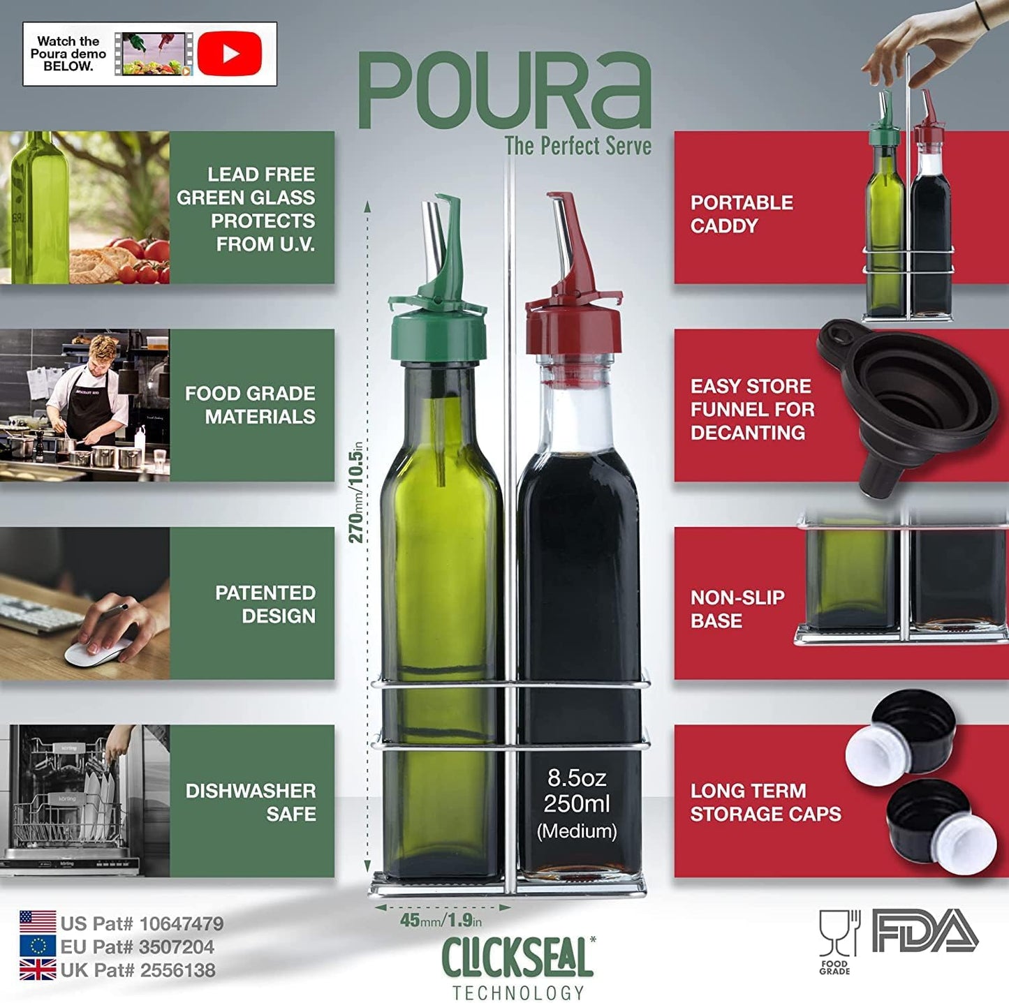 Poura Vinegar and Olive Oil Bottle Drizzler Set with Unique ClickSeal Pour Spouts | Glass Oil & Vinegar Dispenser Bottles for Cooking Kitchen Dining | Hygienic Covers + Silicone Decanter Funnel 250ml