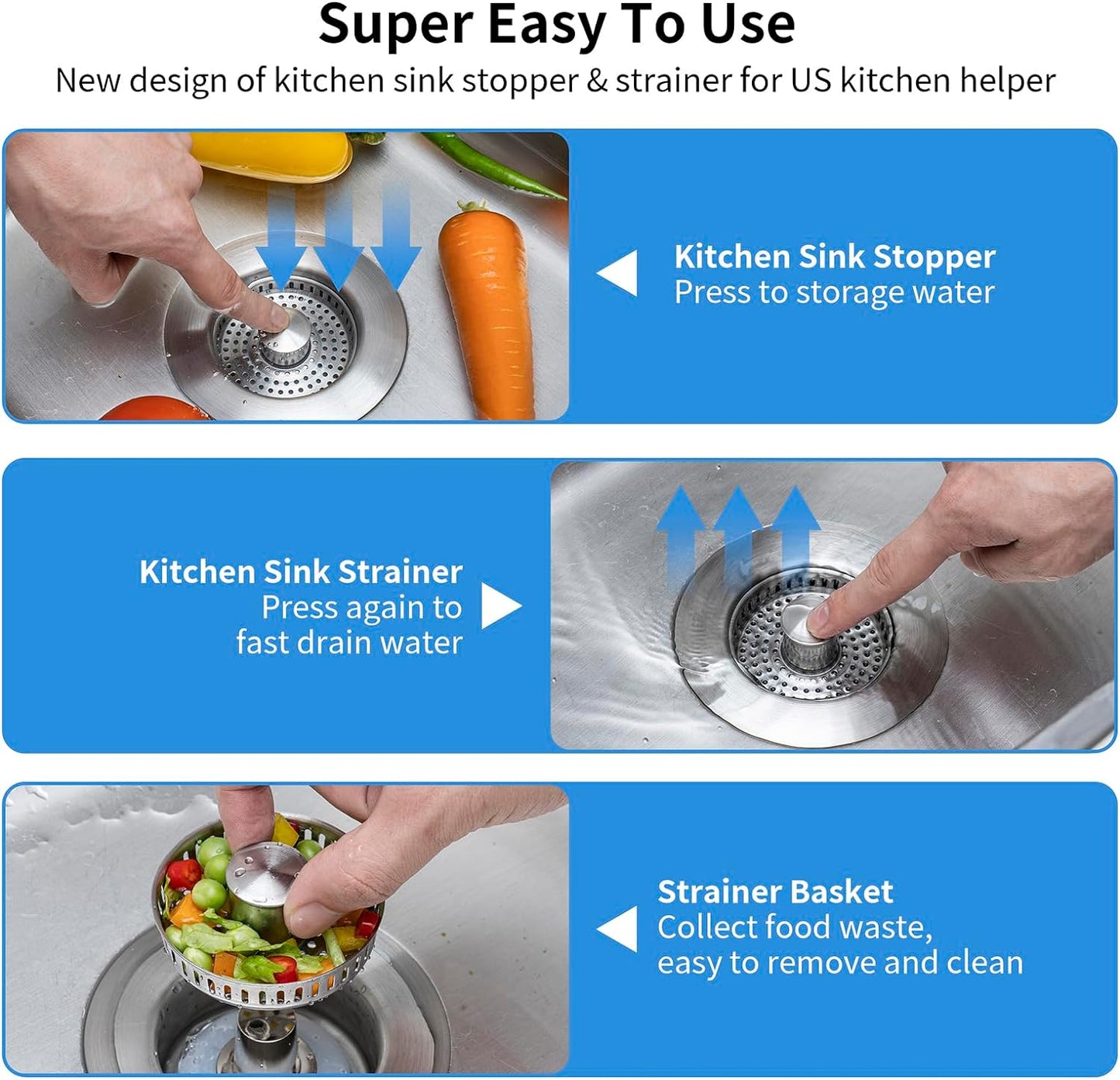 Upgraded 3 in 1 Kitchen Sink Drain Strainer - Stainless Steel Sink Stopper, Anti-Clogging Sink Food Catcher Basket, Fast Drainage Odor Filter Sink Plug for US Standard 3 1/2 inch Drain (Silver-2Pack)