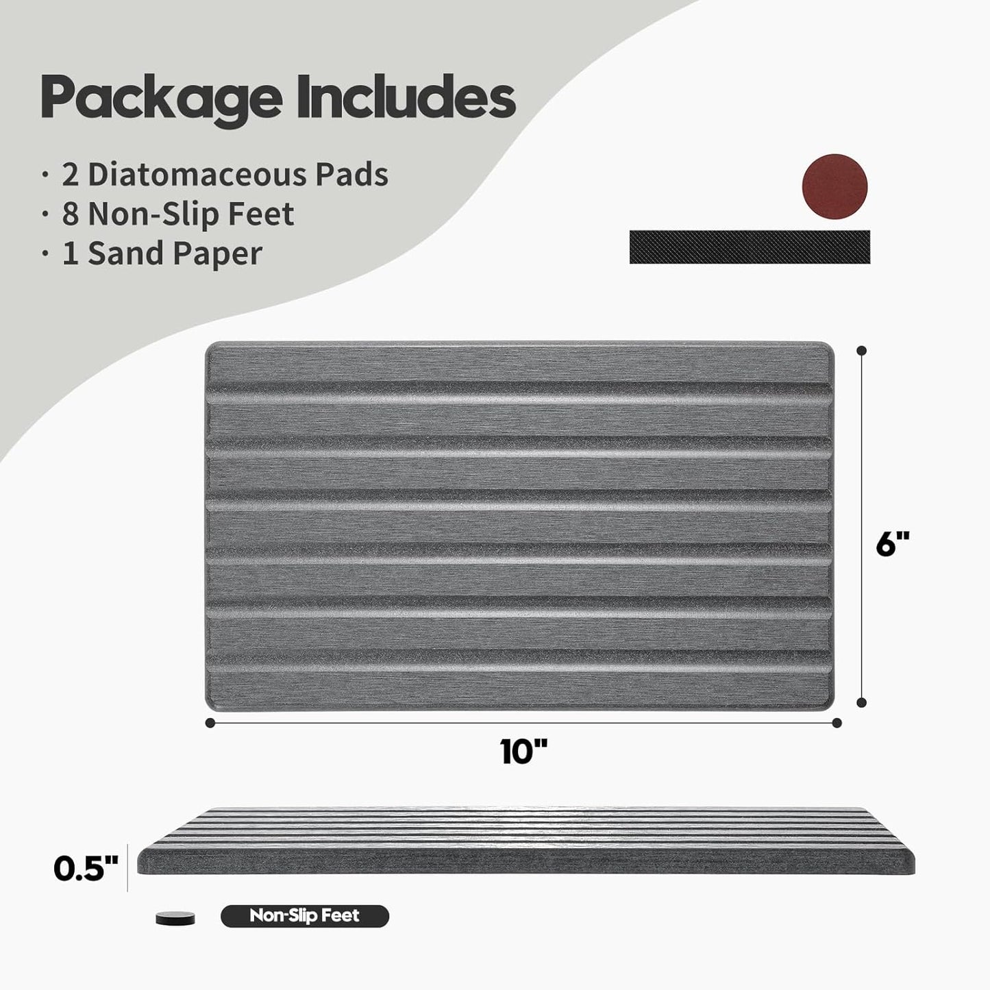 2PCS Water Absorbing Stone Drying Tray Mat for Bathroom Sink & Kitchen Counter Organizer, Quick Dry Dish Soap Dispenser Sponge Holder, Vanity Sink Caddy, Coaster, Dark Gray - 10" x 6"