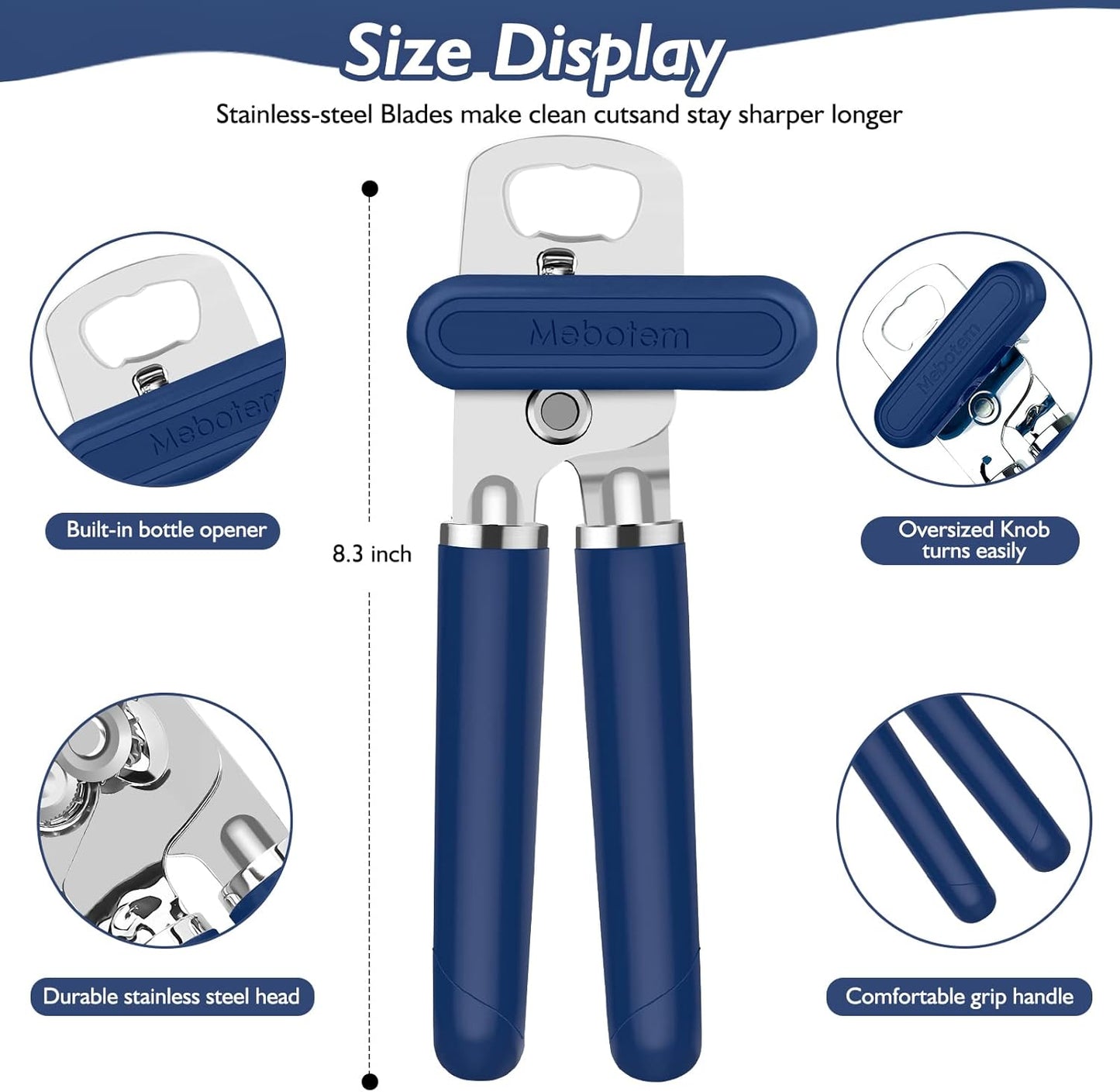 10 Colors Can Opener Manual Handheld Heavy Duty Hand Can Opener Smooth Edge Stainless Steel Can Openers Top Lid Kitchen Gadgets, Best Large Rated Easy Turn Knob, with Bottle Opener, Navy Blue