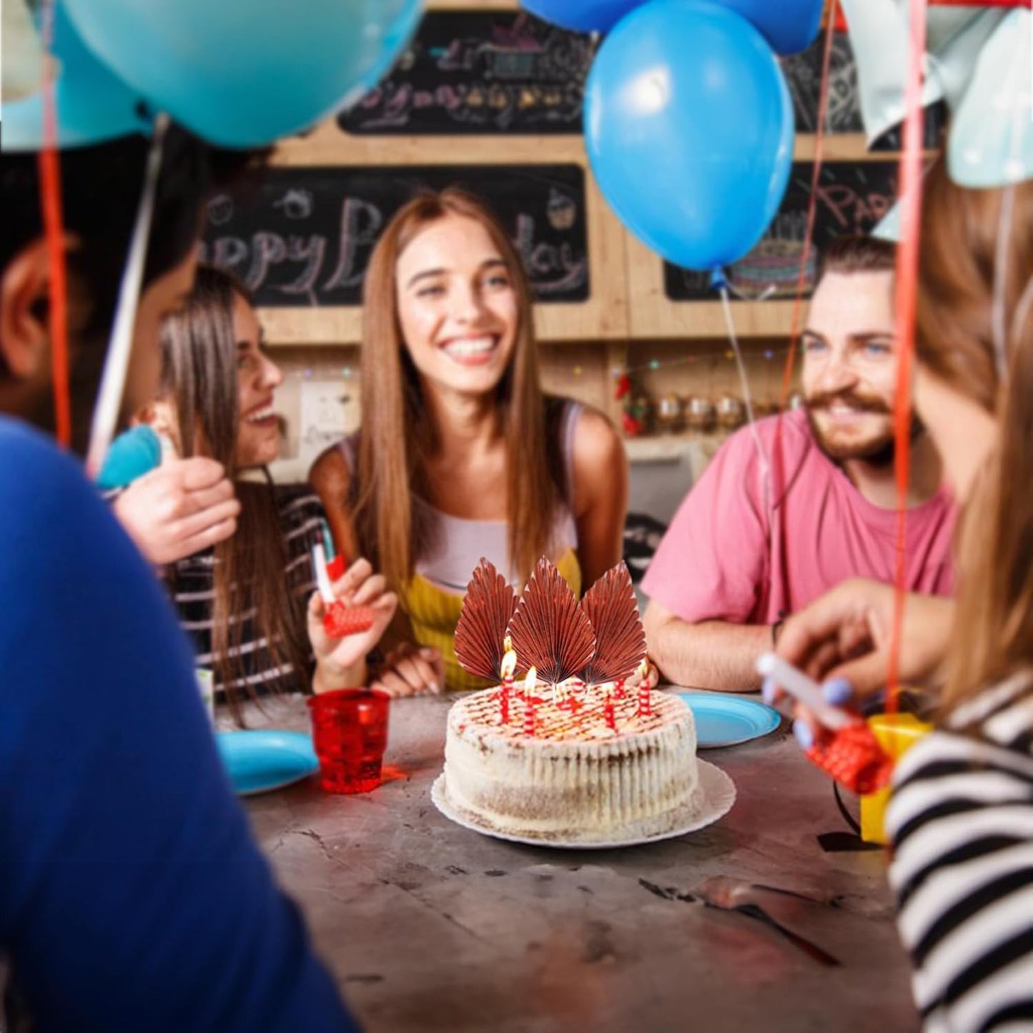 Gyufise 6Pcs Paper Palm Fan Cake Toppers Palm Spear Leaves Fan Cupcake Toppers Cake Insert Decorations Craft DIY Cake Bakeware Decoration for Birthday Wedding Party Supplies Light Rose Gold