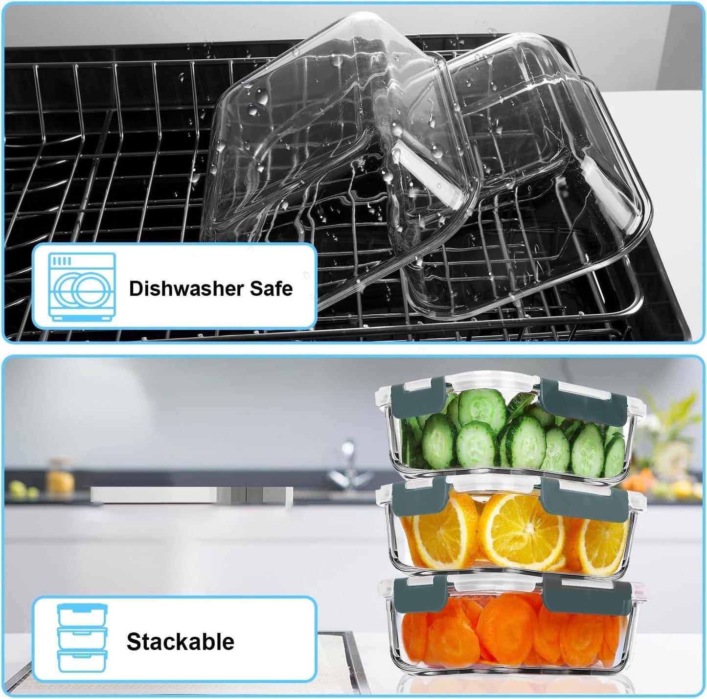 VERONES 5 Pack 36 OZ Glass Meal Prep Containers, Airtight Glass Lunch Containers Set, Glass Food Storage Containers with Lids,Exclusive of BPA, for Microwave, Oven, Freezer & Dishwasher Friendly,Grey