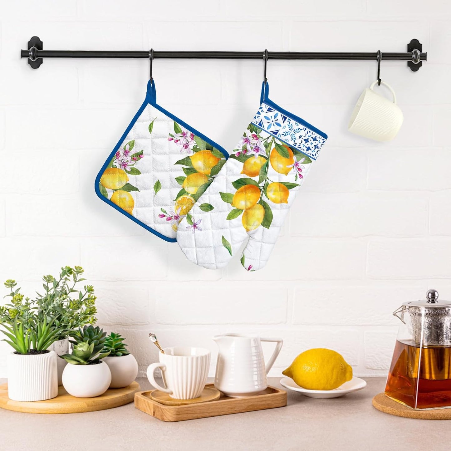 Summer Lemon Oven Mitts and Pot Holders Sets 2Pcs, 100% Cotton Heat Resistant, Extra Long Oven Gloves Potholder for Kitchen Cooking Baking Decoration