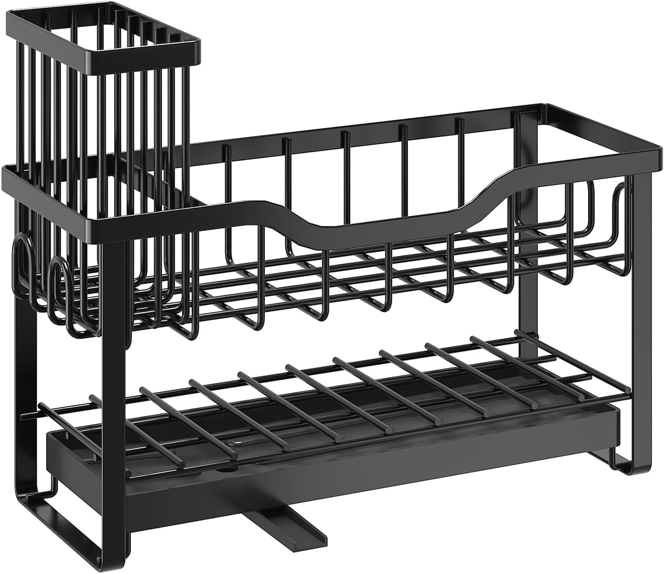 2-Tier Sponge Holder for Kitchen Sink, Caddy Organizer with High Brush Holder, Durable & Rustproof Kitchen Sink Accessories (Black)