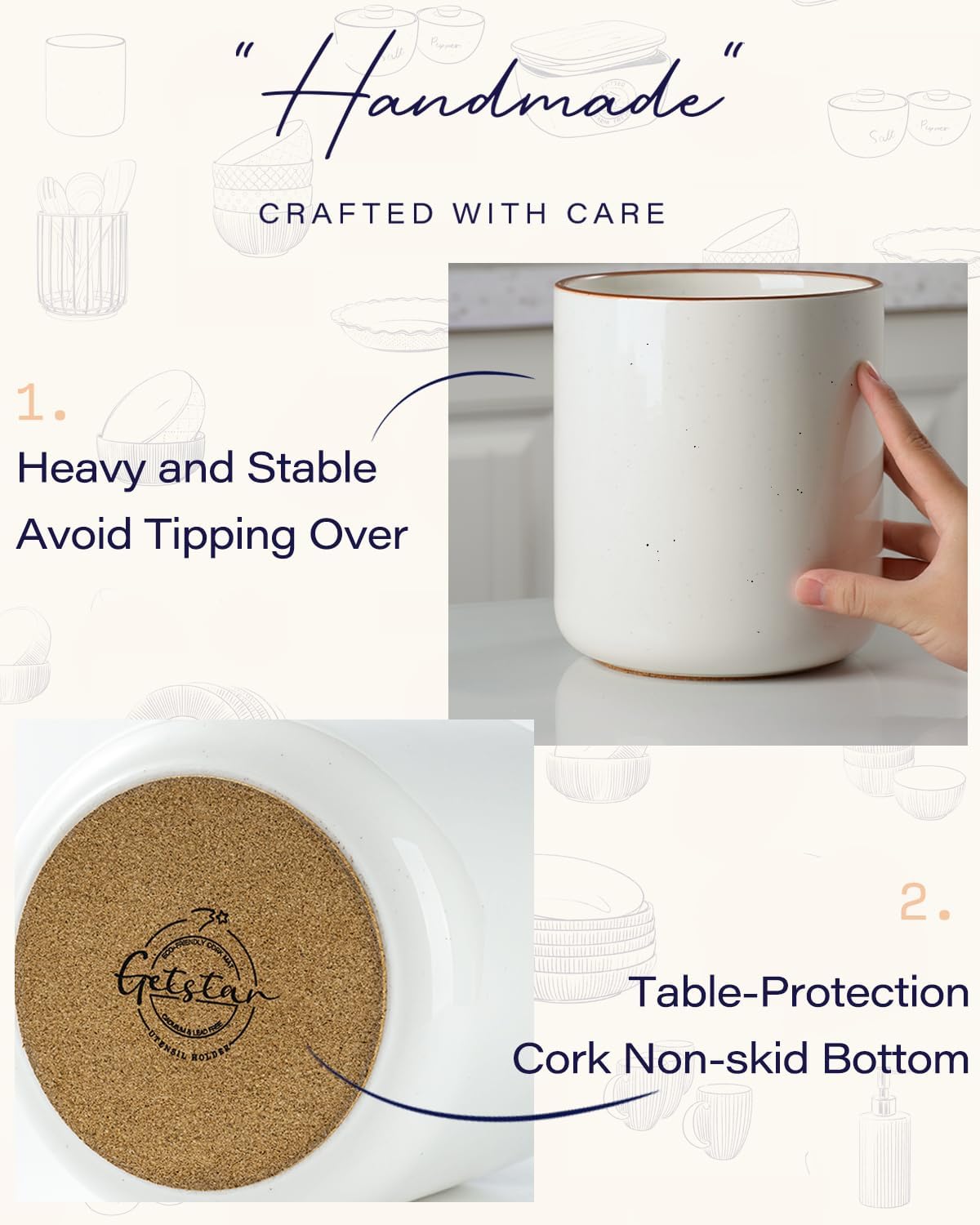 getstar Kitchen Utensil Holder, Large Ceramic Cooking Utensil Holder (H7.2” x W6.2”) for Kitchen Counter with Cork Mat at Bottom, Farmhouse Decor