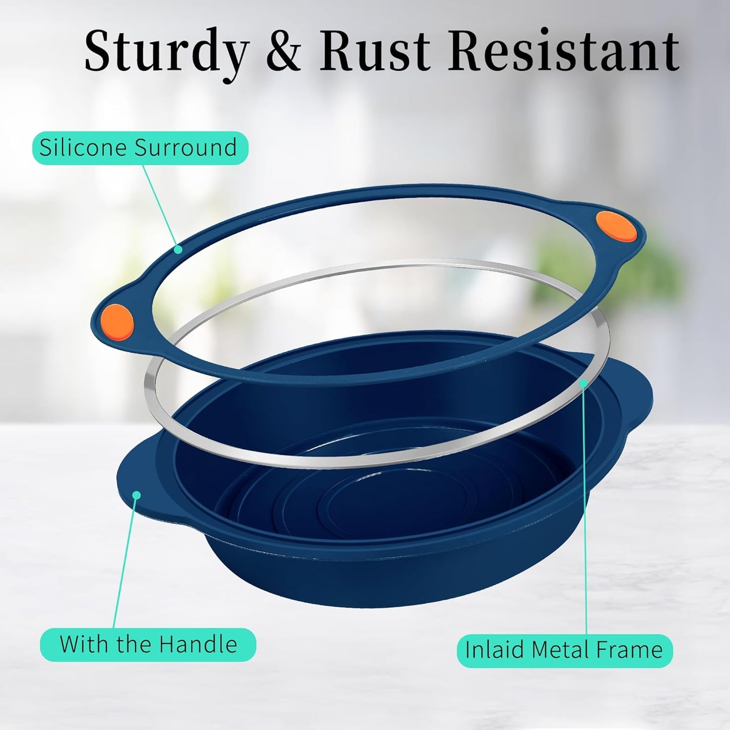 To encounter 8 in 1 Silicone Baking Set - 6 Cake Molds - 2 Silicone Baking Mat, Nonstick Cookie Sheet, Cake Muffin Bread Pan with Grips and Metal Reinforced Frame More Strength, Navy Blue