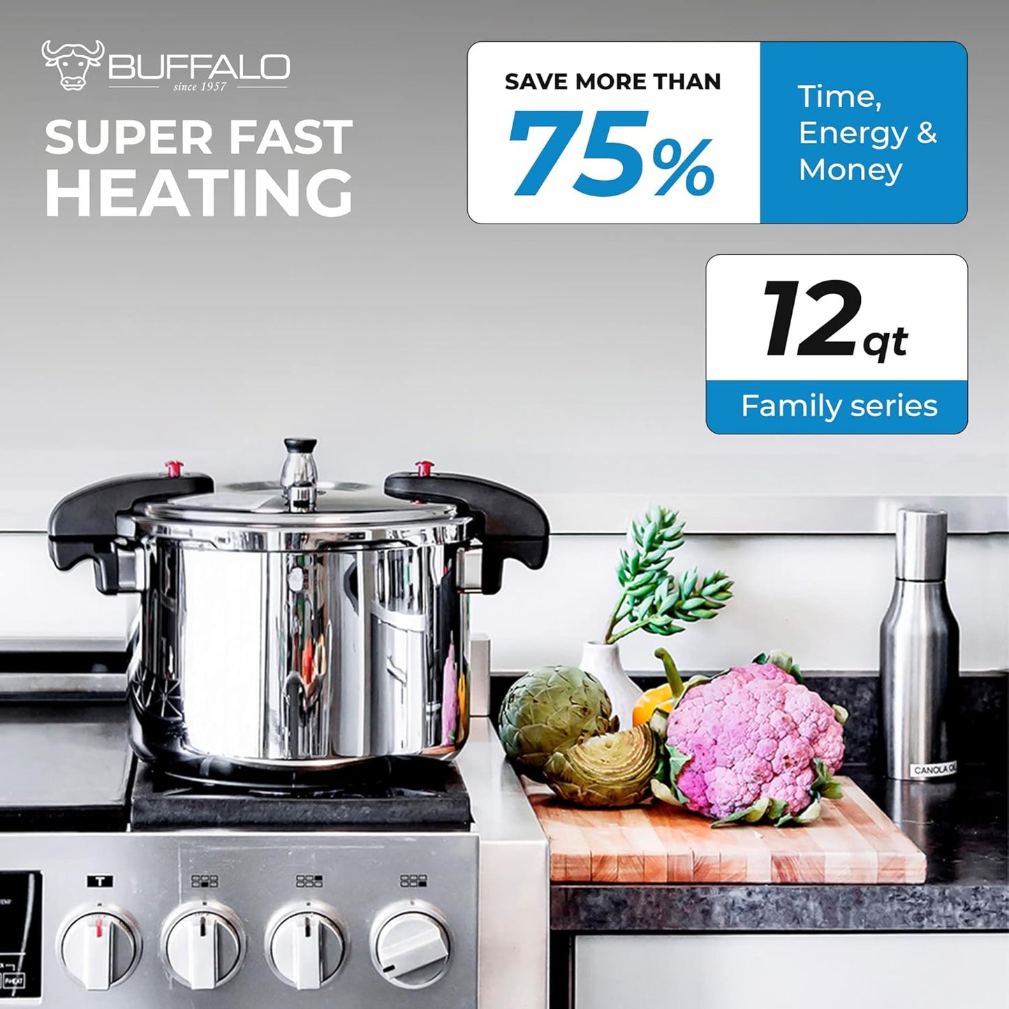 Buffalo 12 Quart Pressure Cooker Stainless Steel - Large Canning Pot with Lid for Home, Commercial Use - Easy to Clean Induction Stove Top Pressure Canner, Can Cooker - SG Certificate QCP412