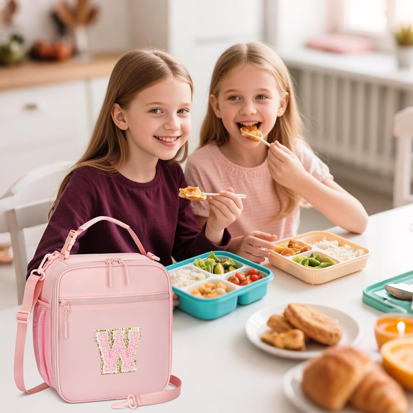 Initial Insulated Lunch Bag for Girls Kids, Back to School Gift, Reusable Leak-proof Lunch Box with Adjustable Strap for School Daycare Travel Picnic (Pink,W)