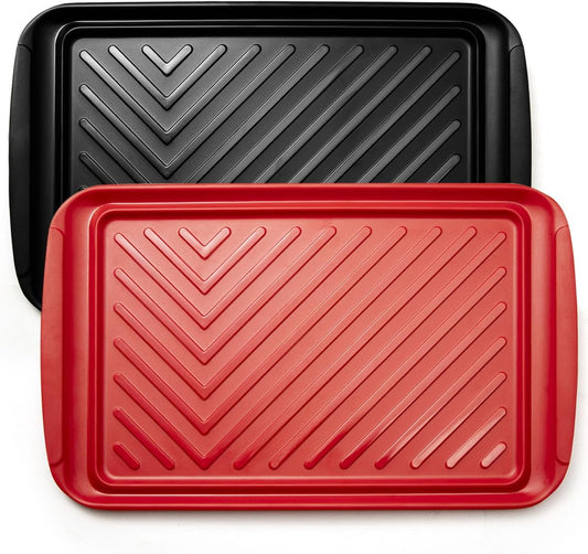 LEHAHA Grilling Prep Trays, Melamine BBQ Prep and Serving Platters and Tray for Outdoor Entertaining, Large Food Serving Trays, Set of 2, 17.2" x 10.5",Great for Grilling Lovers,Black and Red