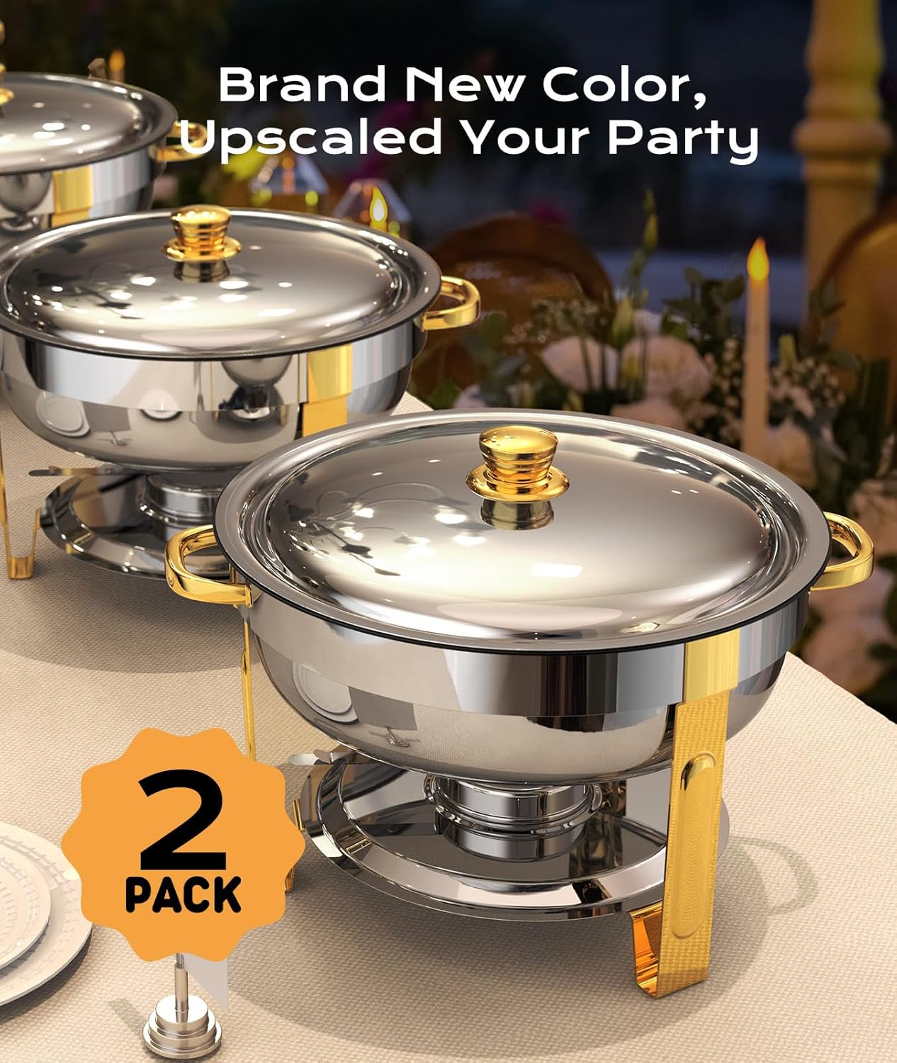 Chafing Dishes for Buffet 2 Pack, 6QT [Worry-Free Assemble] Round Chafing Dish Buffet Set [Elegant Gold and Silver Colors] Stainless Steel Chafers and Buffet Warmers Sets for Parties with Complete Set