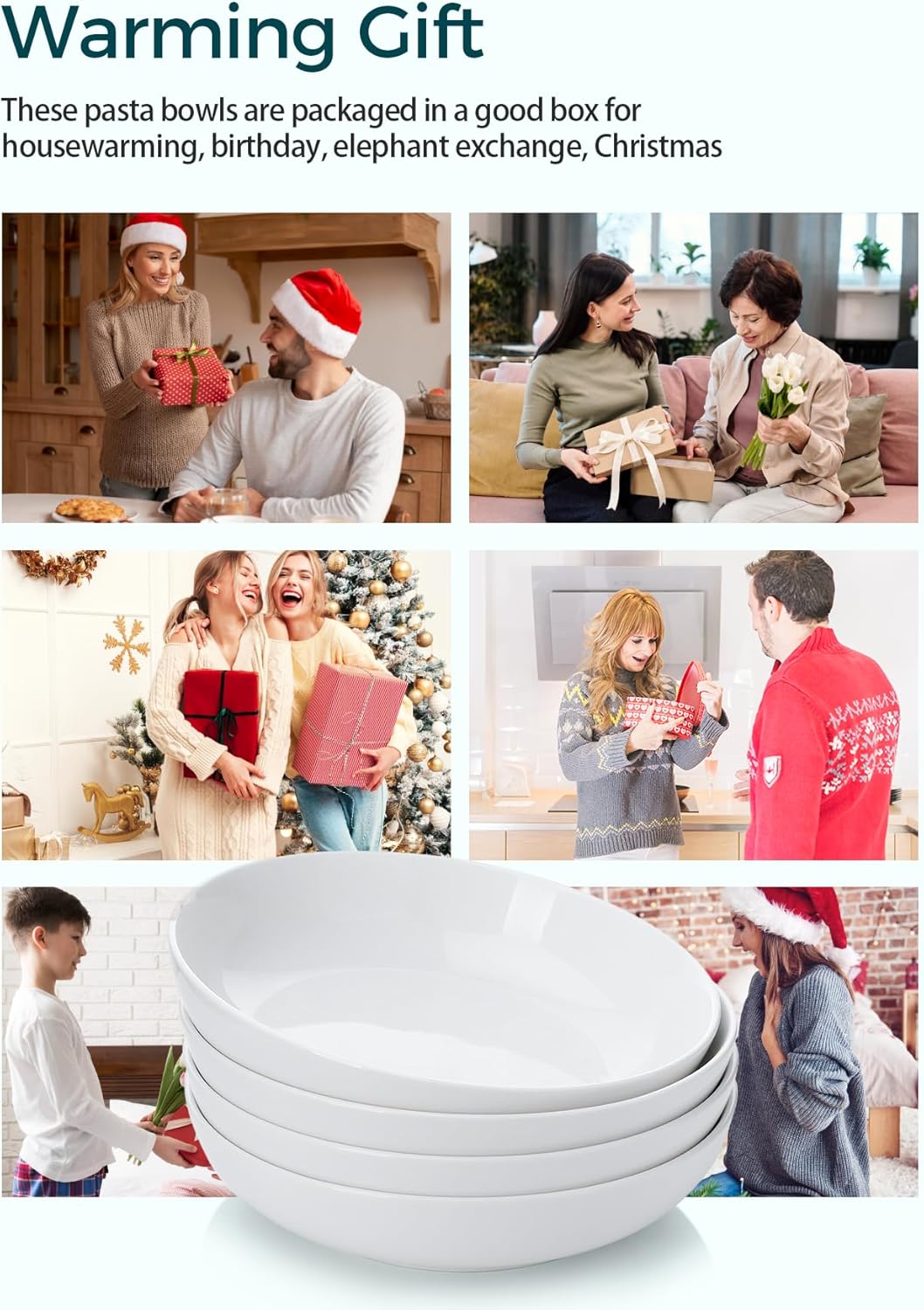 Teocera Pasta Bowls, Large Salad Bowls, Porcelain Bowl Set, Wide and Shallow, Microwave and Dishwasher Safe, 35 Ounce - Set of 4, White