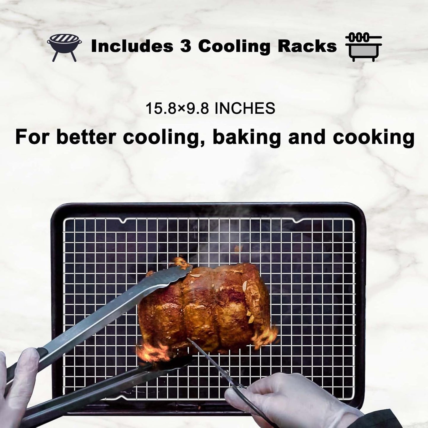 15.8”×9.8” Cooling Rack, 3P Stainless Steel Baking Rack, Oven Safe Cooling Racks for Cooking and Baking, Silver Roasting Rack & Wire Rack & Cookie Cooling Rack for Roasting, Grilling, Drying