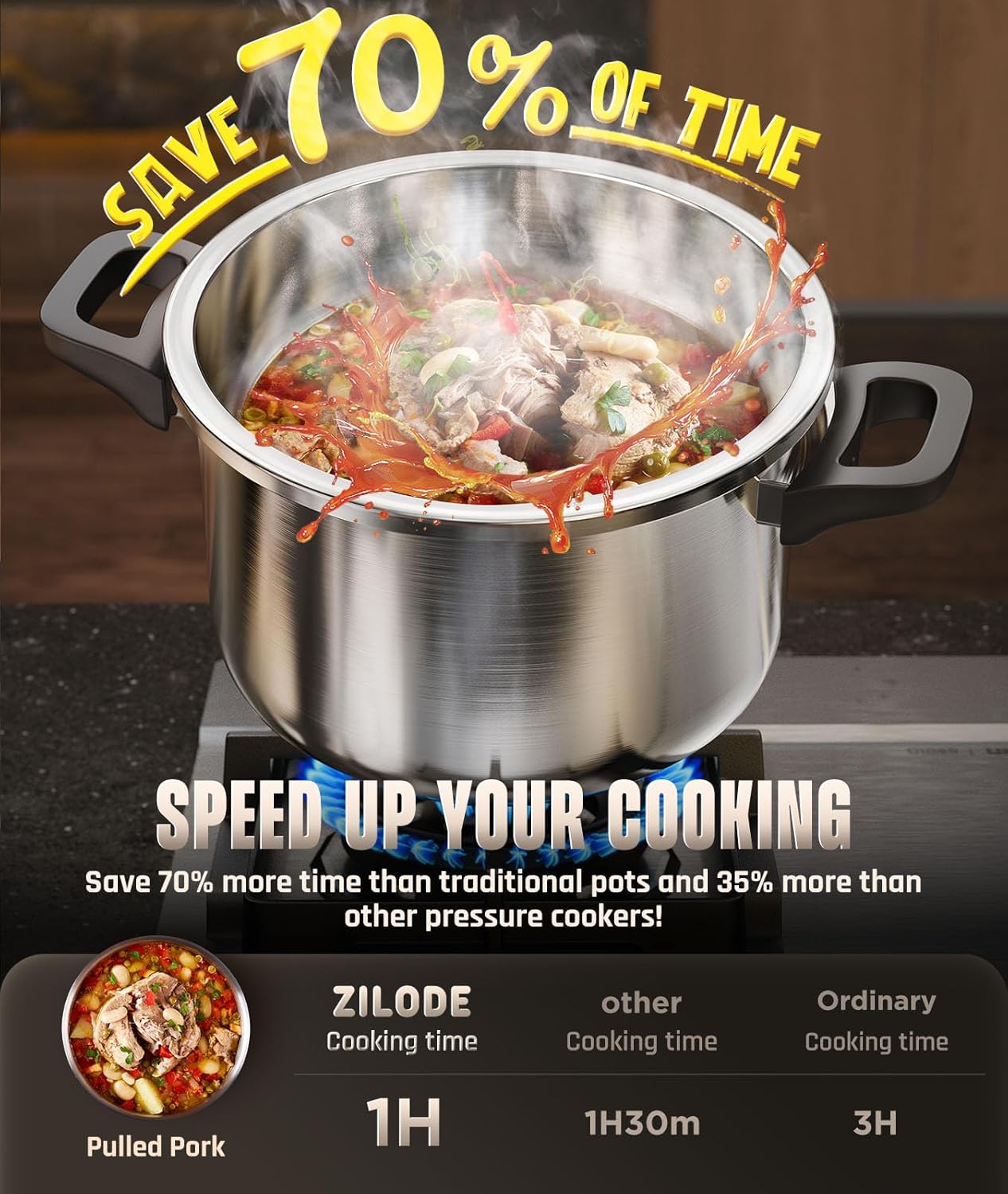 Pressure Cooker 6.3QT, [Save 70% Cooking Time] Stainless Steel Pressure Canner with Triple-Layer Steel Body [One Hand Operation] Rotating Lock/Unlocking Lid System Steam Rack Included Olla De Presion