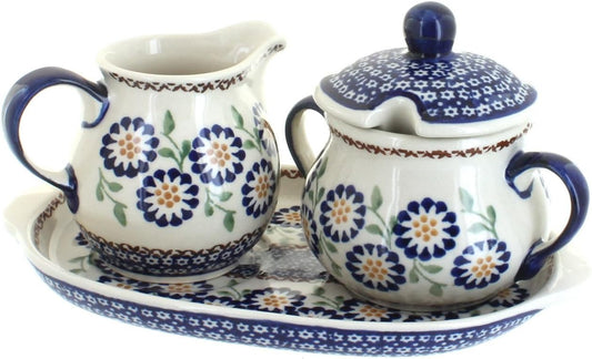 Blue Rose Polish Pottery Peach Blossom Sugar & Creamer Set with Tray