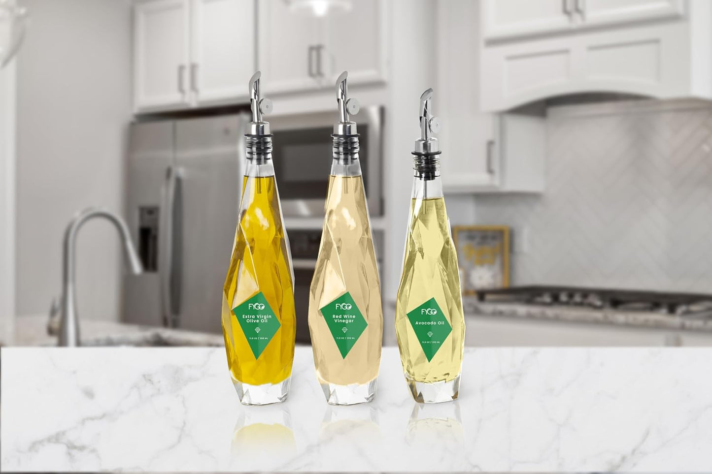 FYGO Diamond Lux Olive Oil Bottle Dispenser - 500ml Glass Container With Pourer and Funnel for Kitchen - Oil and Vinegar Set