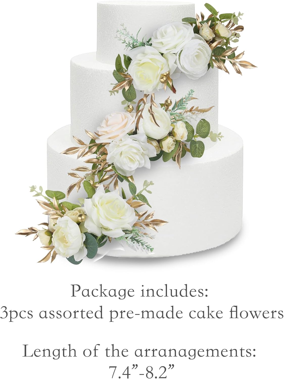 Rinlong 3Pcs Pre-made Cake Toppers Flowers Cake Decorations Wedding Cake Decorating Flowers Decor Christening Birthday Baptism Baby Shower Party Cake Topper Flower Arrangements White Gold